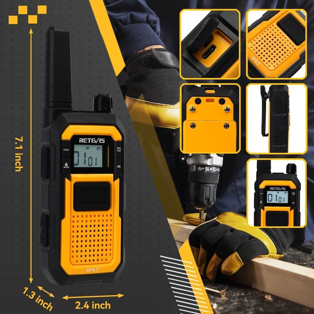 Retevis RB48 IP67 Waterproof Walkie Talkies Long Range, MIL-STD-810H Heavy Duty Two Way Radio, Rugged & Large Front PTT, Vibration Alert, NOAA, Floating, for Construction Job Site (4 Pack) Yellow - Image 19