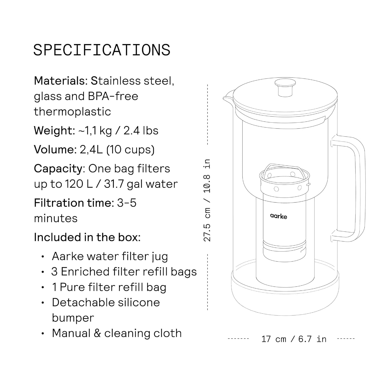 Aarke Purifier Regular Glass Pitcher Bundle w/Steel Filter, BPA-Free, 3 Enriched + 1 Pure Granules, 2.4L Pitcher with 1.18L Filtration Capacity - Image 8