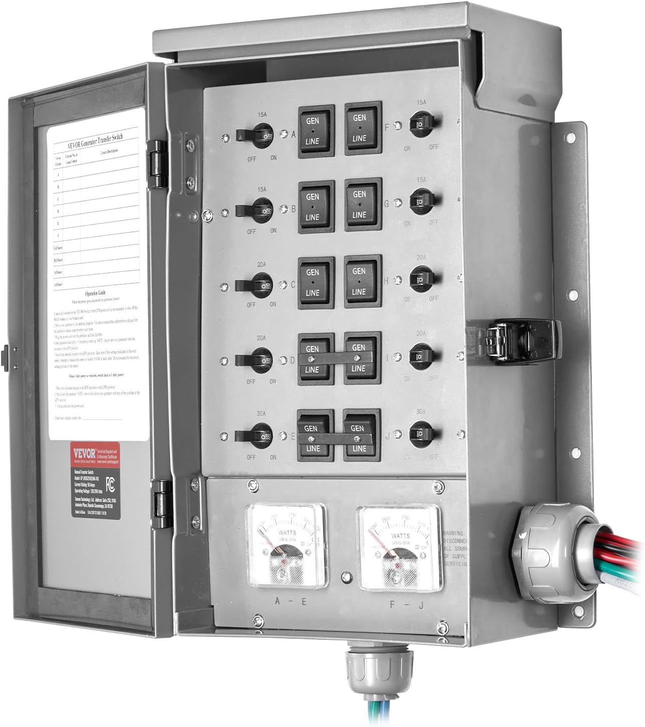 VEVOR Manual Transfer, 50-Amp 10-Circuit, Prewired Generator Transfer Kit with CS6375 Plug Power Inlet Box, Double-Throw, NEMA 3R, Mechanical Watt Meter, for 12500W Generators - Image 11