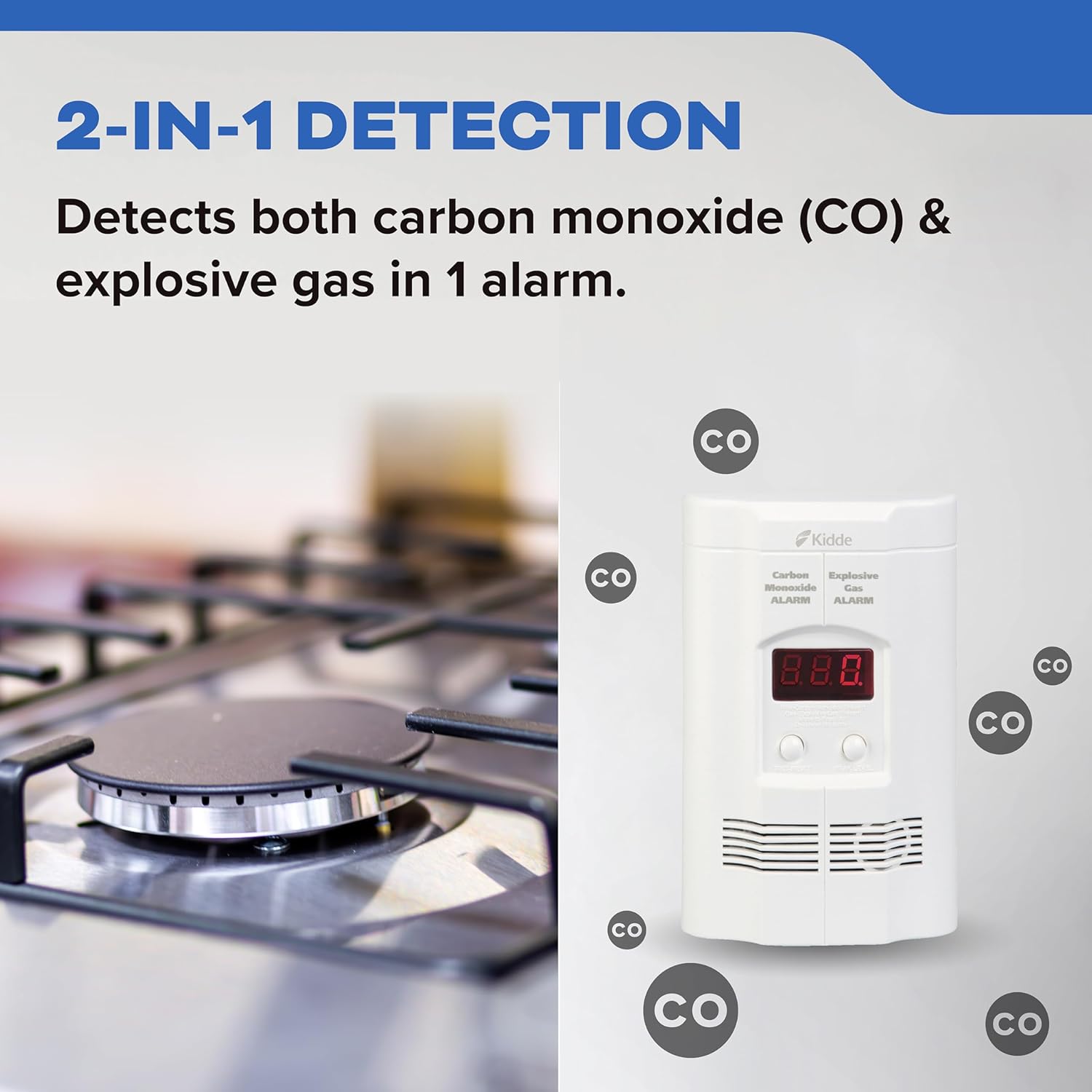 Kidde Carbon Monoxide + Explosive Gas, Natural Gas & Propane Alarm, Plug-in with 9V Battery Backup, Digital Display, 85 dB Alarm, LED Status Indicators, 3rd Edition - Image 2