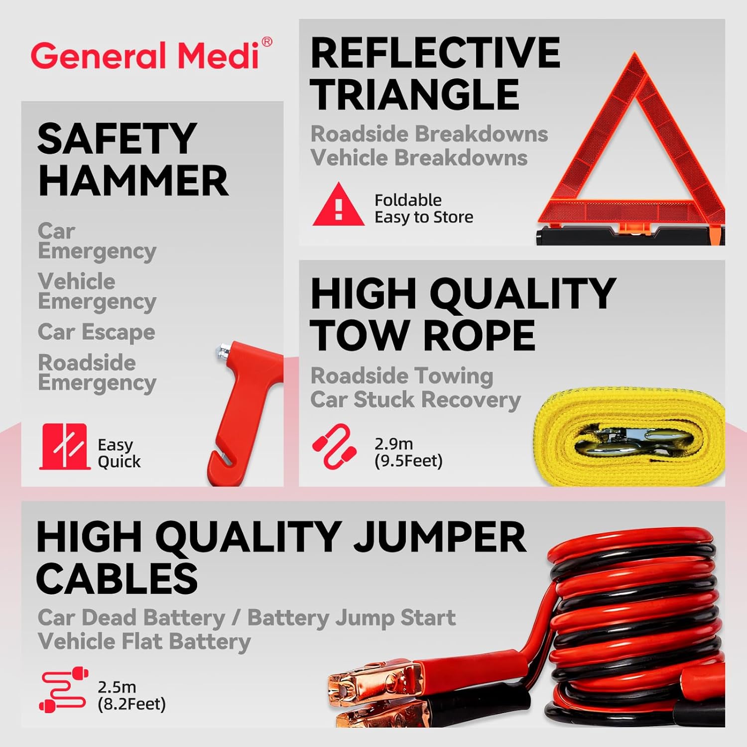 General Medi 127-Pieces Roadside Car Emergency Kit Include Mini First Aid Kit, Jumper Cables,Tow Rope, Bandage, Safety Vest, Emergency Triangle, All in One Pack - Image 6