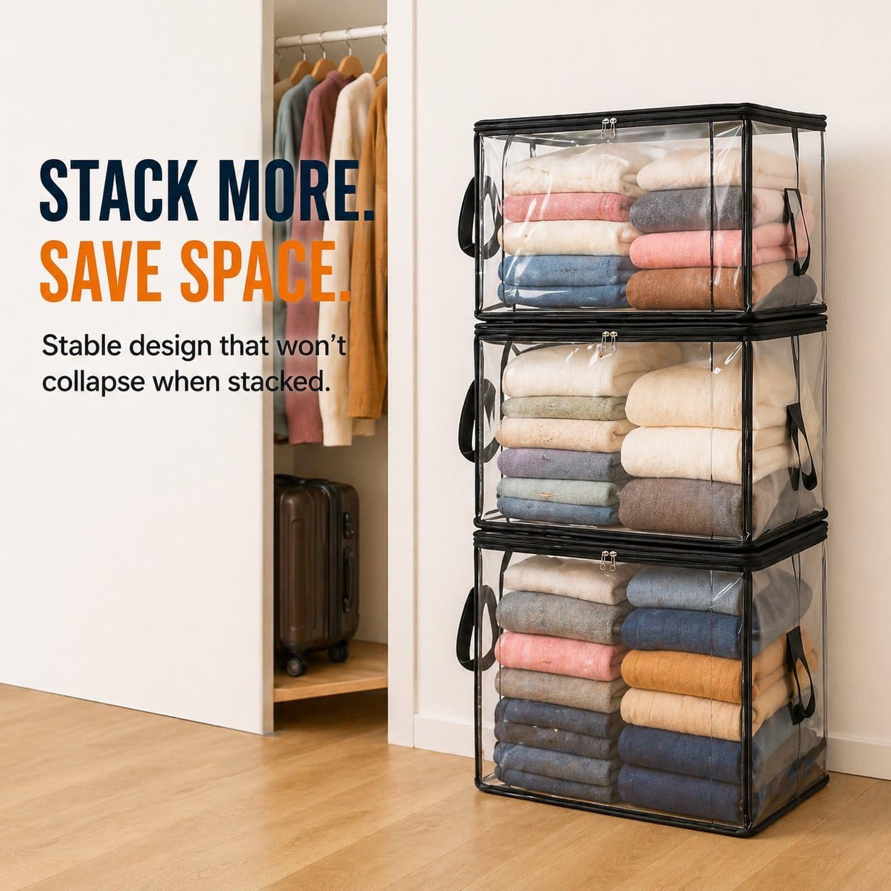 Large Heavy-Duty Thick Plastic Clear Storage Bag for Clothes, Moving & Storages, 2026 New Stackable Foldable Bins Totes Bags with Reinforced Handles & Zipper (2pc-black-L(15 × 9.5 × 12.6in)) - Image 4