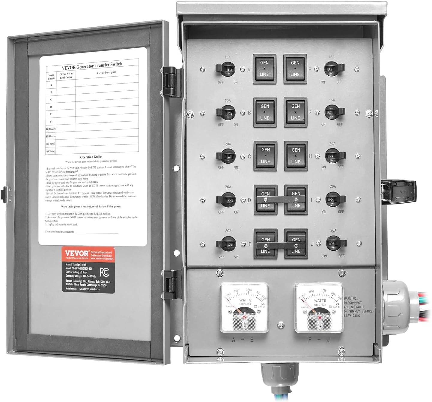 VEVOR Manual Transfer, 50-Amp 10-Circuit, Prewired Generator Transfer Kit with CS6375 Plug Power Inlet Box, Double-Throw, NEMA 3R, Mechanical Watt Meter, for 12500W Generators - Image 10