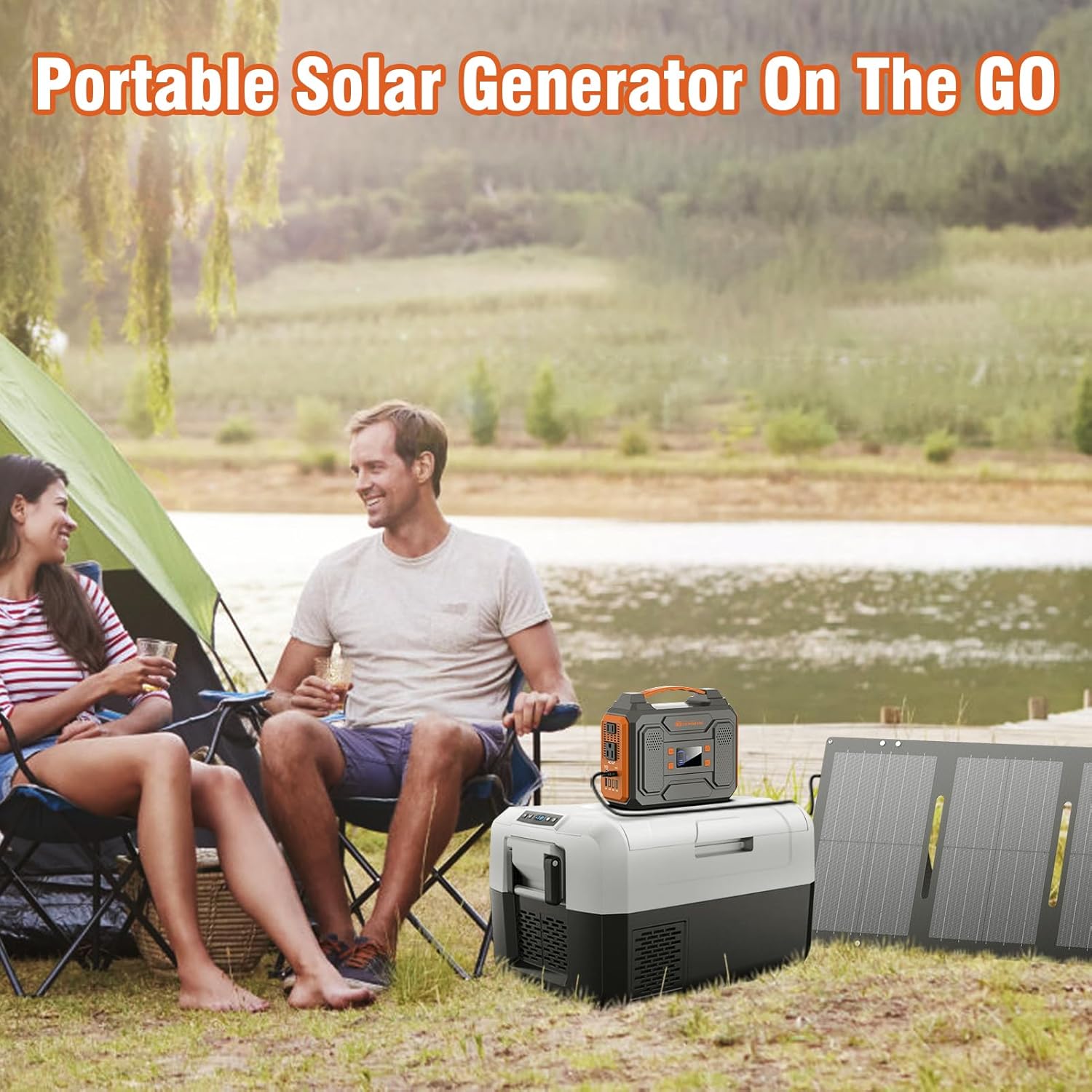 Portable Solar Generator, 300W Portable Power Station with Foldable 60W Solar Panel,110V Pure Sine Wave 280Wh Battery Power Pack with USB DC AC Outlet for Camping Smart Devices RV Van Outdoor-Orange - Image 2