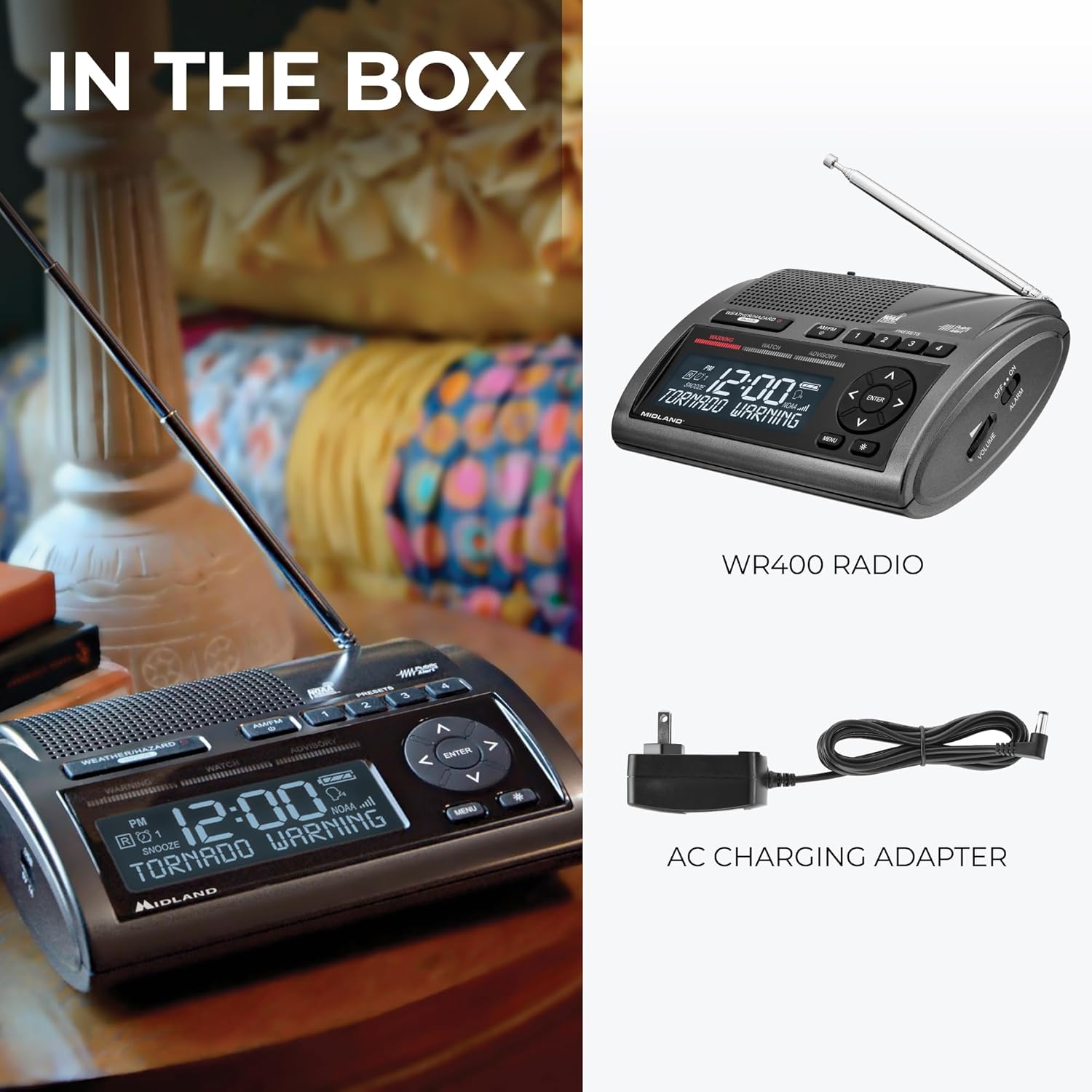 Midland - WR400 Weather Radio Deluxe - NOAA Emergency Alert Scanner – Home Use with Battery Backup - Local County Programming Over 80 Emergency Voice Flashing Alerts – Alarm Clock AM/FM Radio - Image 7