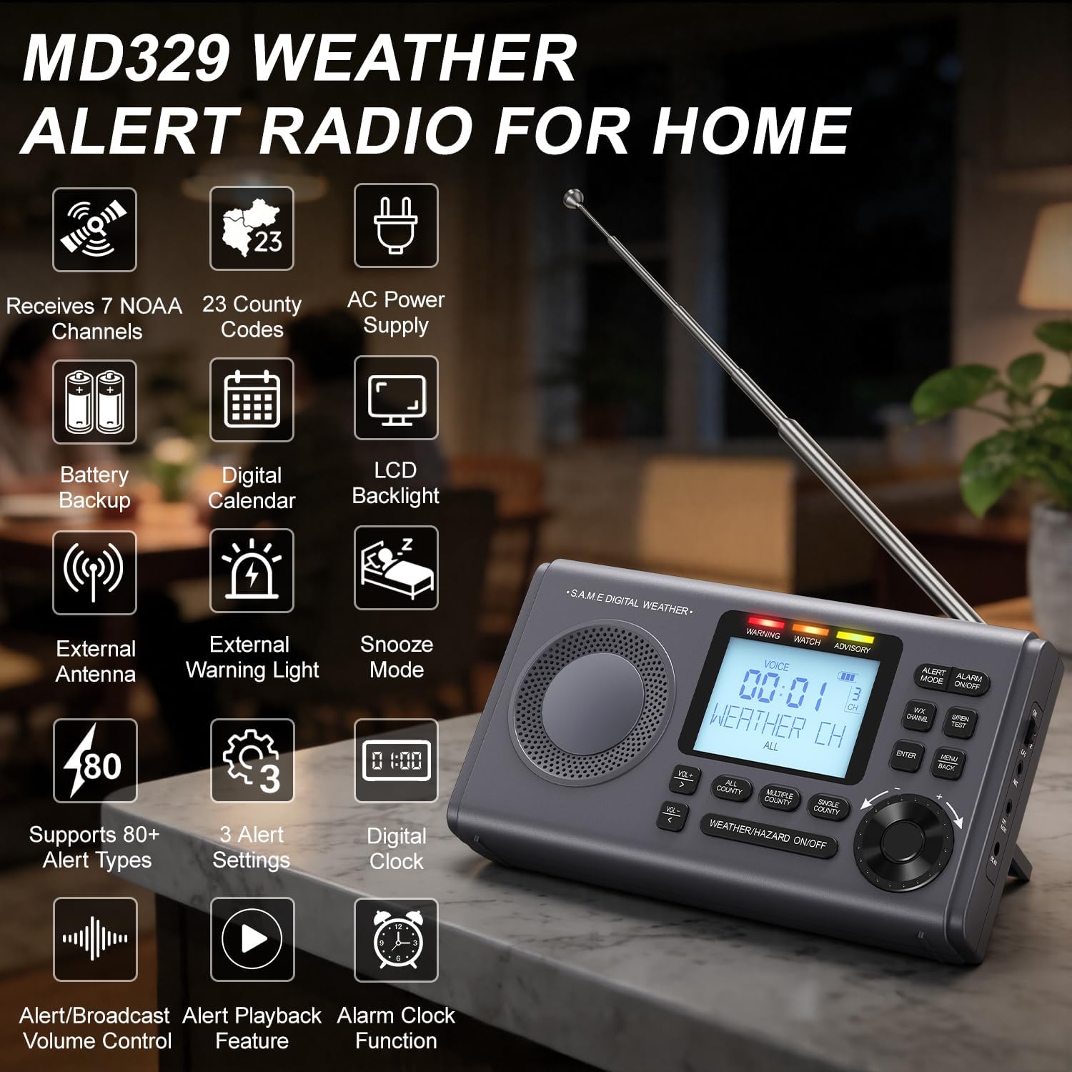 RunningSnail NOAA Weather Alert Radio - S.A.M.E Localized Programming, 23 County Codes & 80+ Emergency Alerts, Battery Backup, Alarm, Selectable Alert Tone, External Antenna, External Warning Light - Image 9