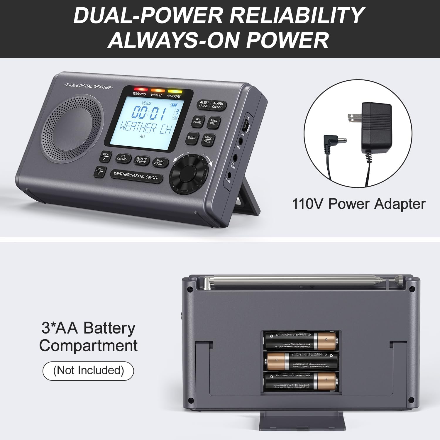 RunningSnail NOAA Weather Alert Radio - S.A.M.E Localized Programming, 23 County Codes & 80+ Emergency Alerts, Battery Backup, Alarm, Selectable Alert Tone, External Antenna, External Warning Light - Image 7