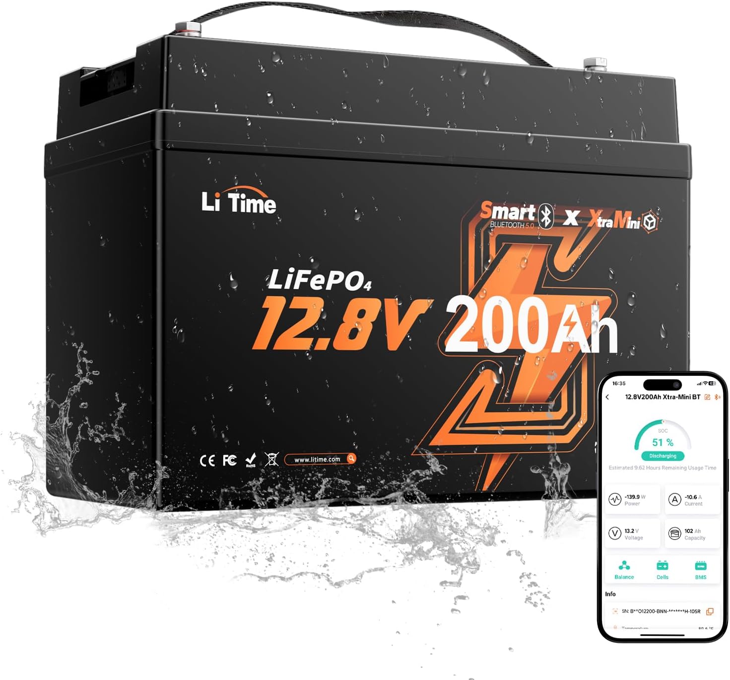 Litime 12V 200Ah Mini LiFePO4 Battery with Bluetooth (Group 31+), Up to 20000 Deep Cycles Lithium Batteies, 200A BMS, 2560Wh for RV Camping, Marine, Home Backup, and Power Outages.