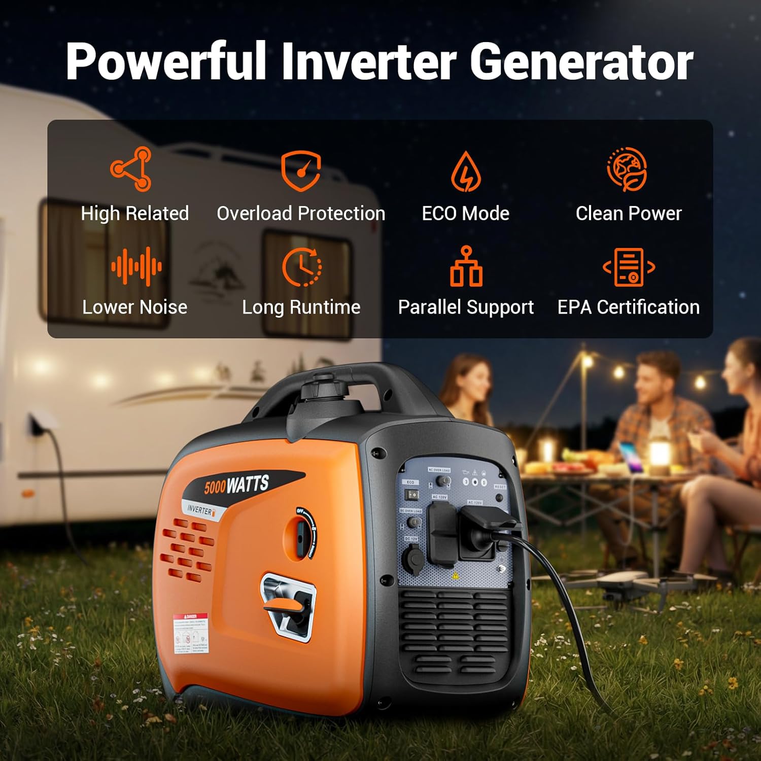 5000W Portable Inverter Generator for Home Emergency Backup Power, Super Quiet Small Gas Powered Generator for Camping, RV, Outdoor, Jobsite with ECO Mode, Parallel Capable, EPA Compliant - Image 3