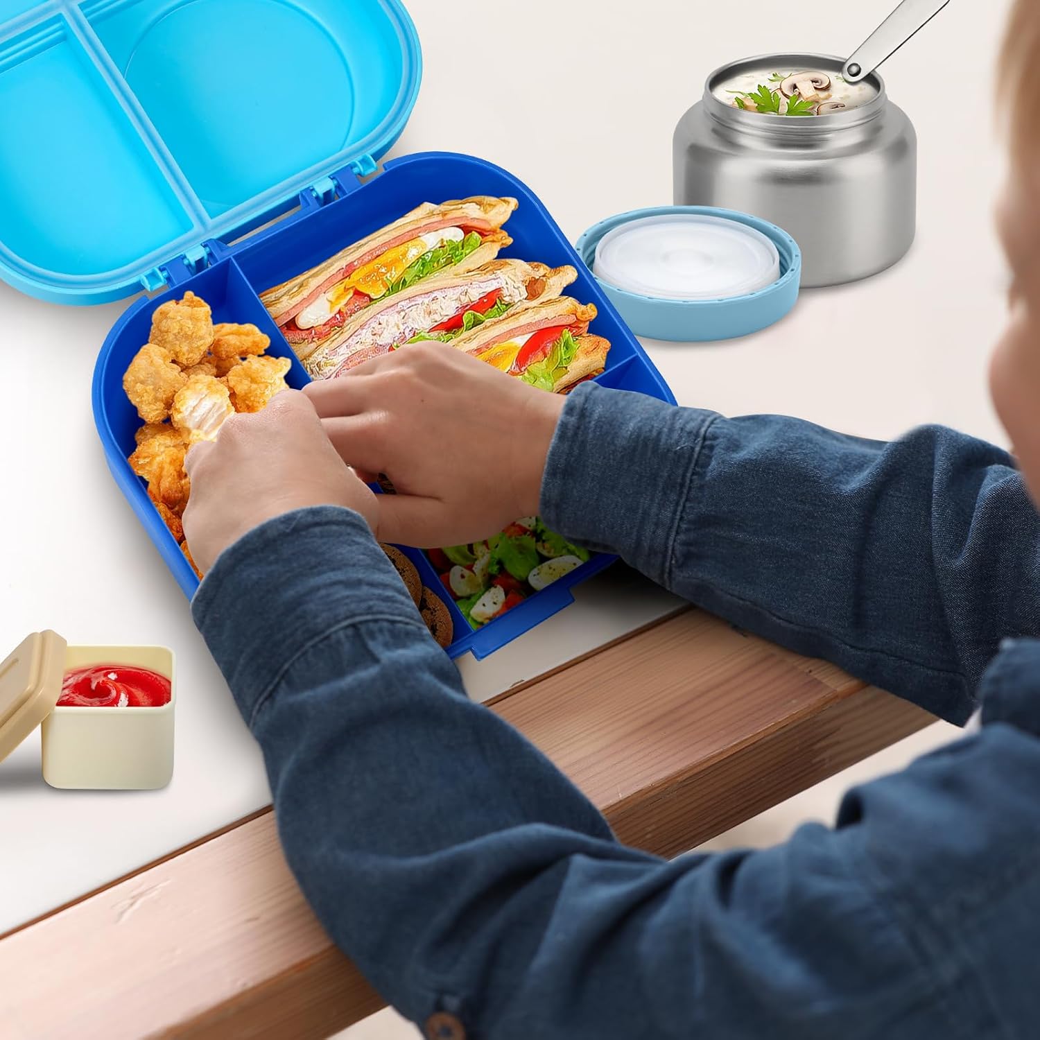 BOSEDSANG Bento Lunch Box for Kids with 12oz Soup Thermo,4 Compartments Lunch Box Containers Kids, Spoon&Sauce Jar, BPA Free&Leak proof,Insulated Food Jar for Travel((Blue) - Image 7