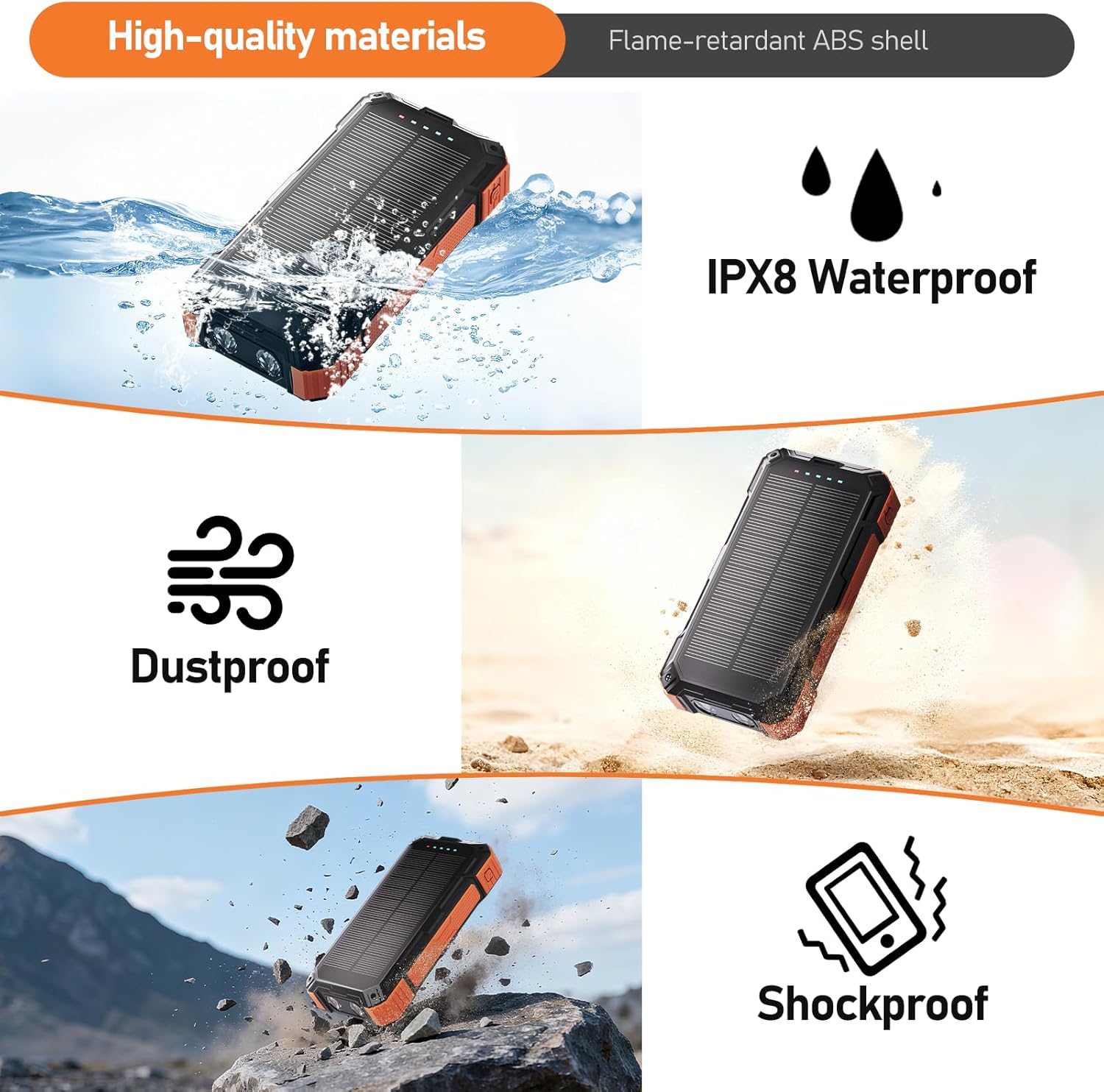 ERRBBIC Solar Charger Power Bank 49800mAh, 22.5W Portable Charger, 15W Wireless Charging, Solar Panel Charger, Built-in Four Cable, with USB C for Cell Phones, with Dual Flashlight for Camping - Image 5
