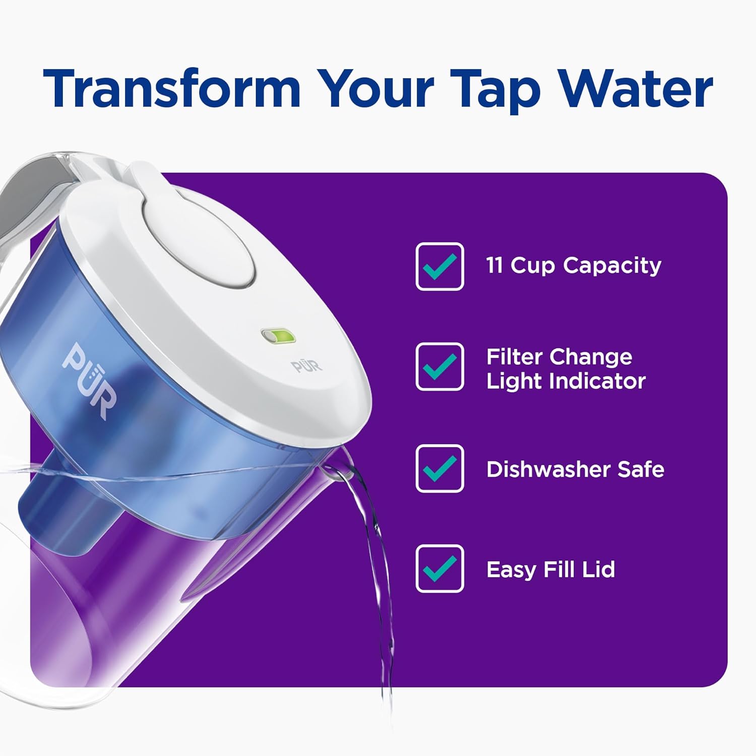 PUR 11-Cup Water Pitcher, 1 Filter, Cleaner, Great-Tasting Water, Dishwasher Safe, Powerful Filtration, Filter Change Light Indicator, LockFit Cap Design, White - Image 2