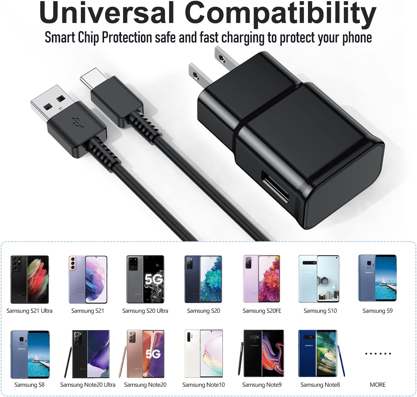 for Samsung Galaxy S10/S9/S8 2Pack Adaptive Android Phone Charger with USB Type C Fast Charging Cable for Galaxy S10E/ S20/S20/S21/Note 8/9/10/20/A70/A50/A51/A52/A42/A32/A13/A12 Ultra Plus 6Ft Black - Image 2