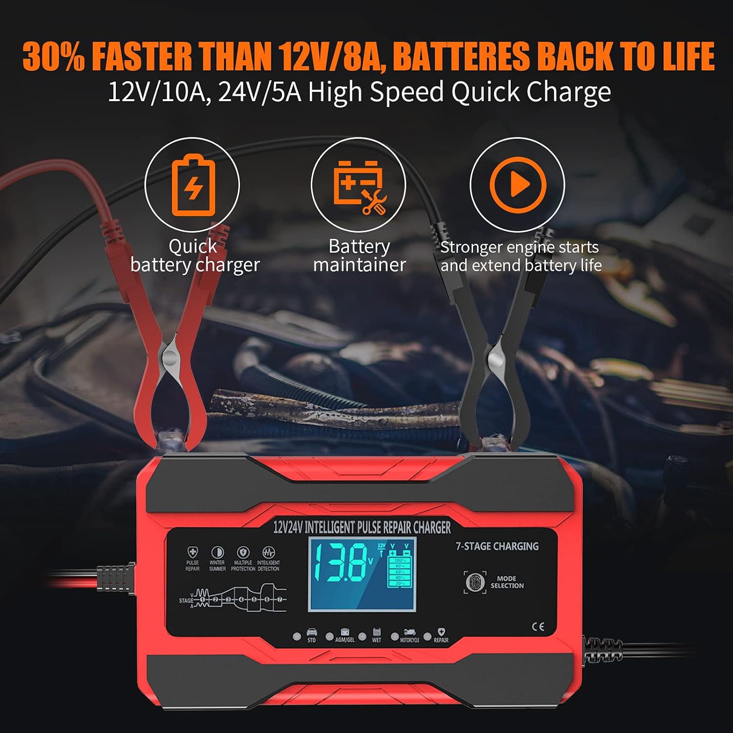 YONHAN Battery Charger 10-Amp 12V and 24V Fully-Automatic Smart Car Battery Charger, Battery Maintainer Trickle Charger, and Battery Desulfator with Temperature Compensation - Image 2