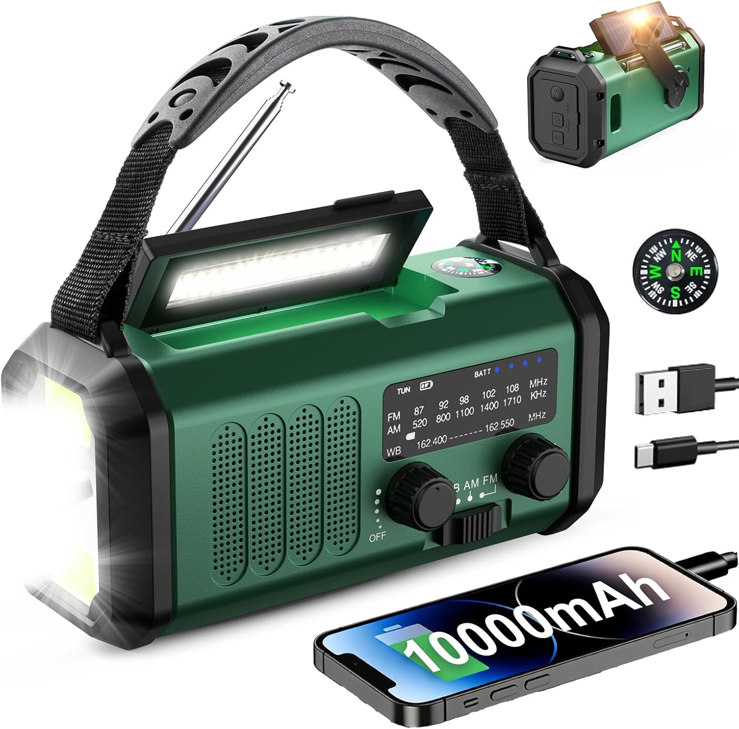 Hand Crank Emergency Radio, NOAA Weather Radio with AM/FM Solar Radio,10000mAh Rechargeable Battery Powered, USB-C Charger, Flashlight, SOS Alarm, for Camping, Hurricanes Outdoor Survival Emergencies