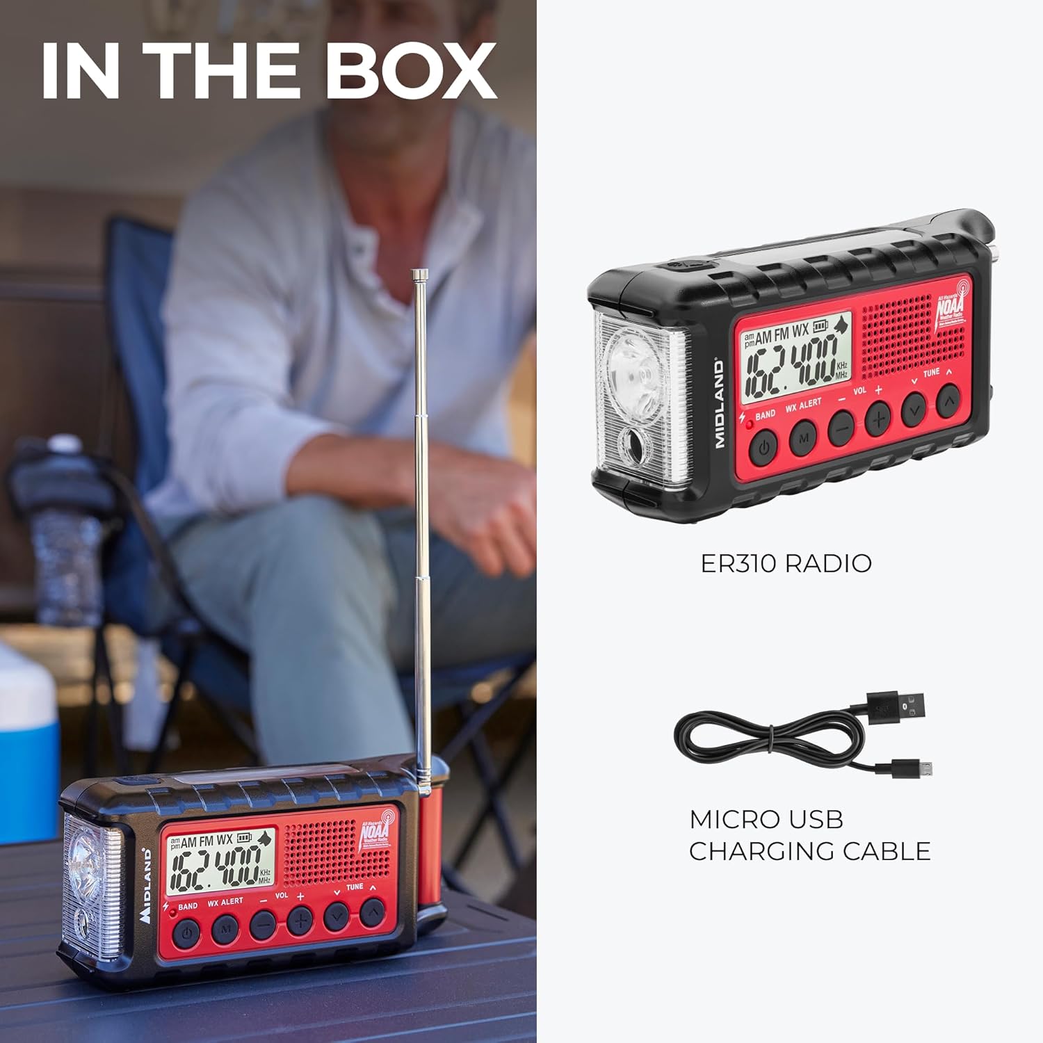 Midland - ER310, Emergency Crank Weather AM/FM Radio - Multiple Power Sources, SOS Emergency Flashlight, Ultrasonic Dog Whistle, & NOAA Weather Scan + Alert (Red/Black) - Image 6