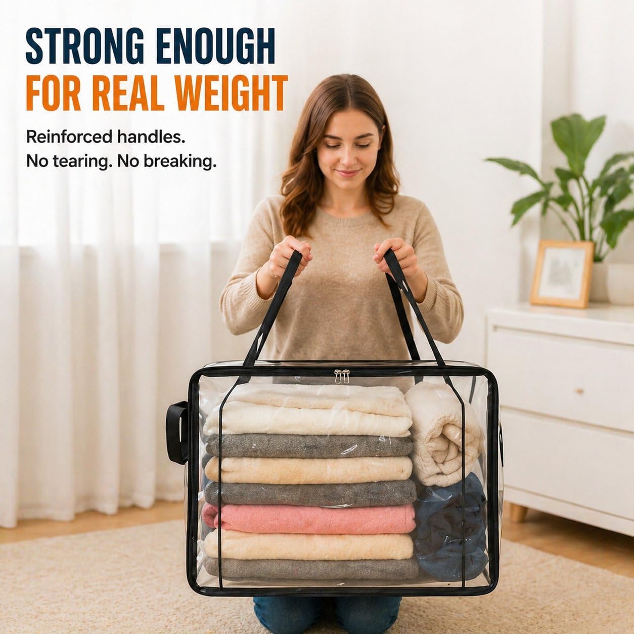 Large Heavy-Duty Thick Plastic Clear Storage Bag for Clothes, Moving & Storages, 2026 New Stackable Foldable Bins Totes Bags with Reinforced Handles & Zipper (2pc-black-L(15 × 9.5 × 12.6in)) - Image 5