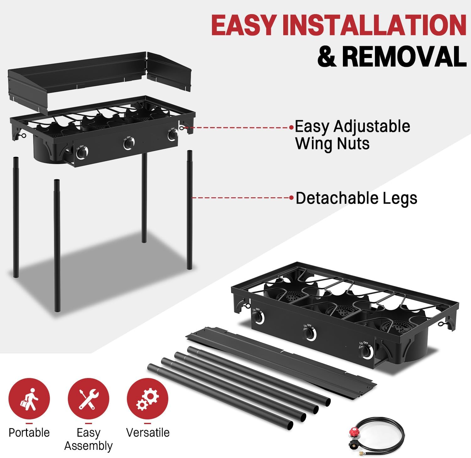 3 Burner Propane Camp Stove | High Pressure 225,000 BTU Gas Burners with Windscreen | Cover | Detachable Legs | 0-20 PSI Regulator | Ideal for Camping Backyard Outdoor Cooking - Image 5