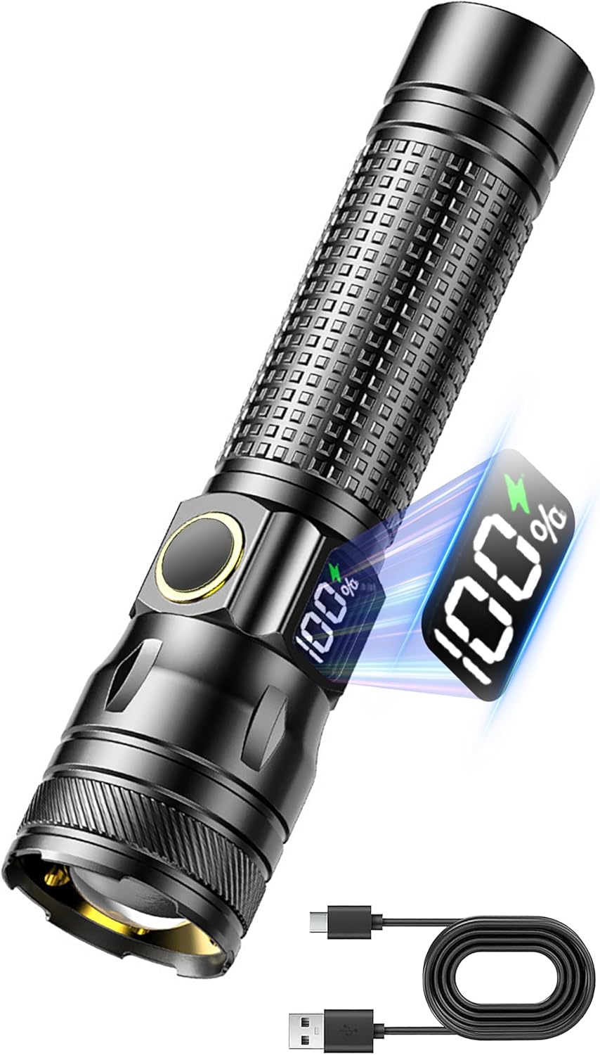 Gotellx Rechargeable LED Flashlights with Digital Power Display, Zoomable High Lumens Bright EDC Flashlight with USB C Charging Port for Home and Outdoor Emergency, Camping Essentials, Survival Gear