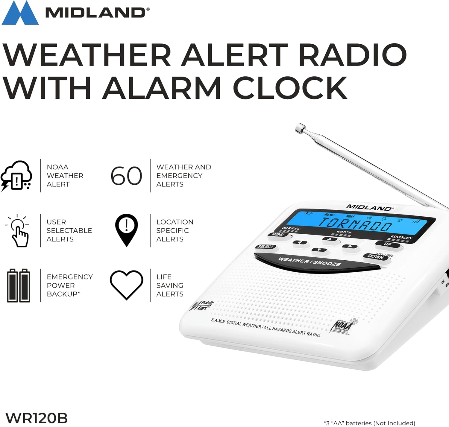 Midland - WR120B - NOAA Emergency Weather Alert Radio - Localized Programming, Trilingual Display, 60+ Emergency Alerts, Alarm, Selectable Alert Tone - Image 5