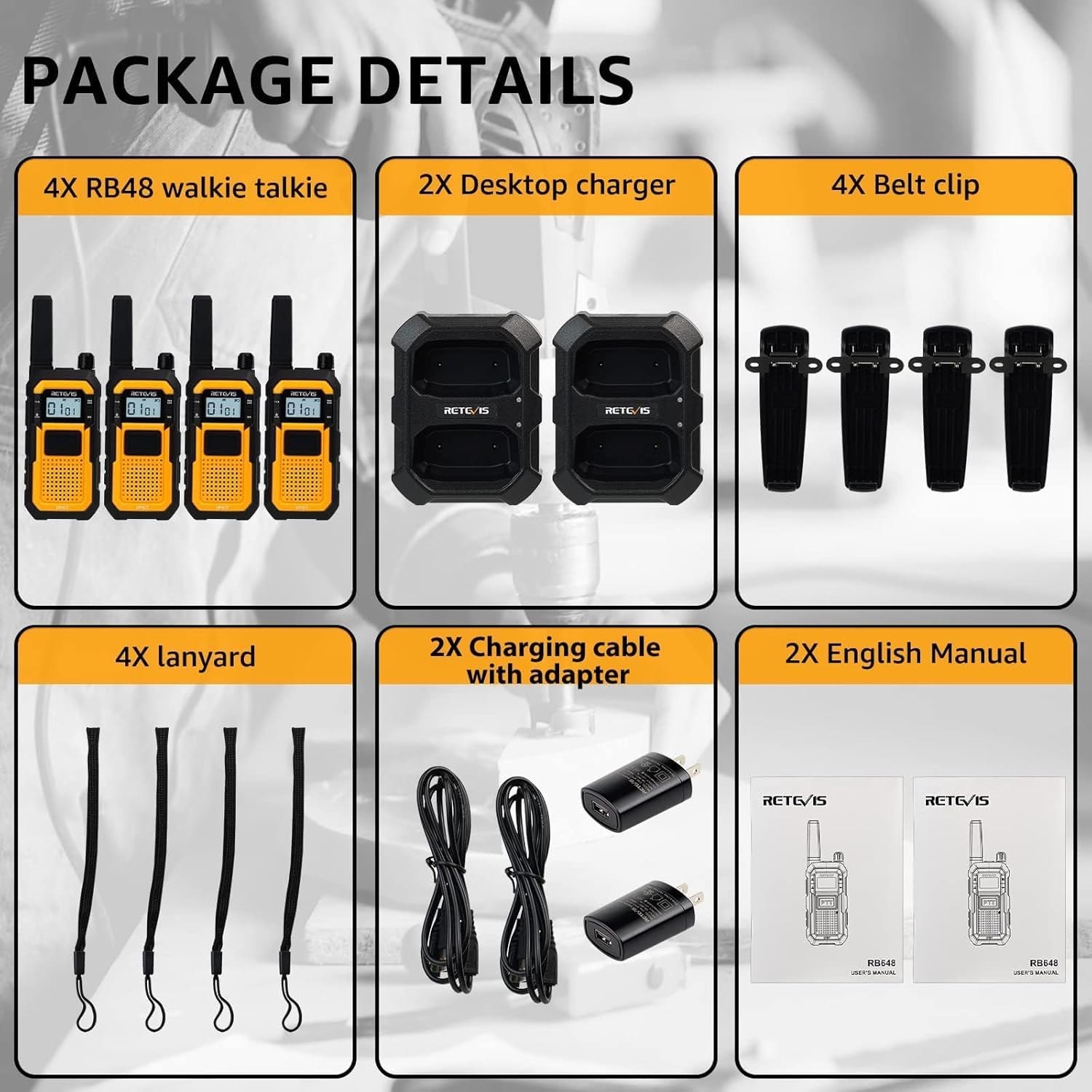 Retevis RB48 IP67 Waterproof Walkie Talkies Long Range, MIL-STD-810H Heavy Duty Two Way Radio, Rugged & Large Front PTT, Vibration Alert, NOAA, Floating, for Construction Job Site (4 Pack) Yellow - Image 20