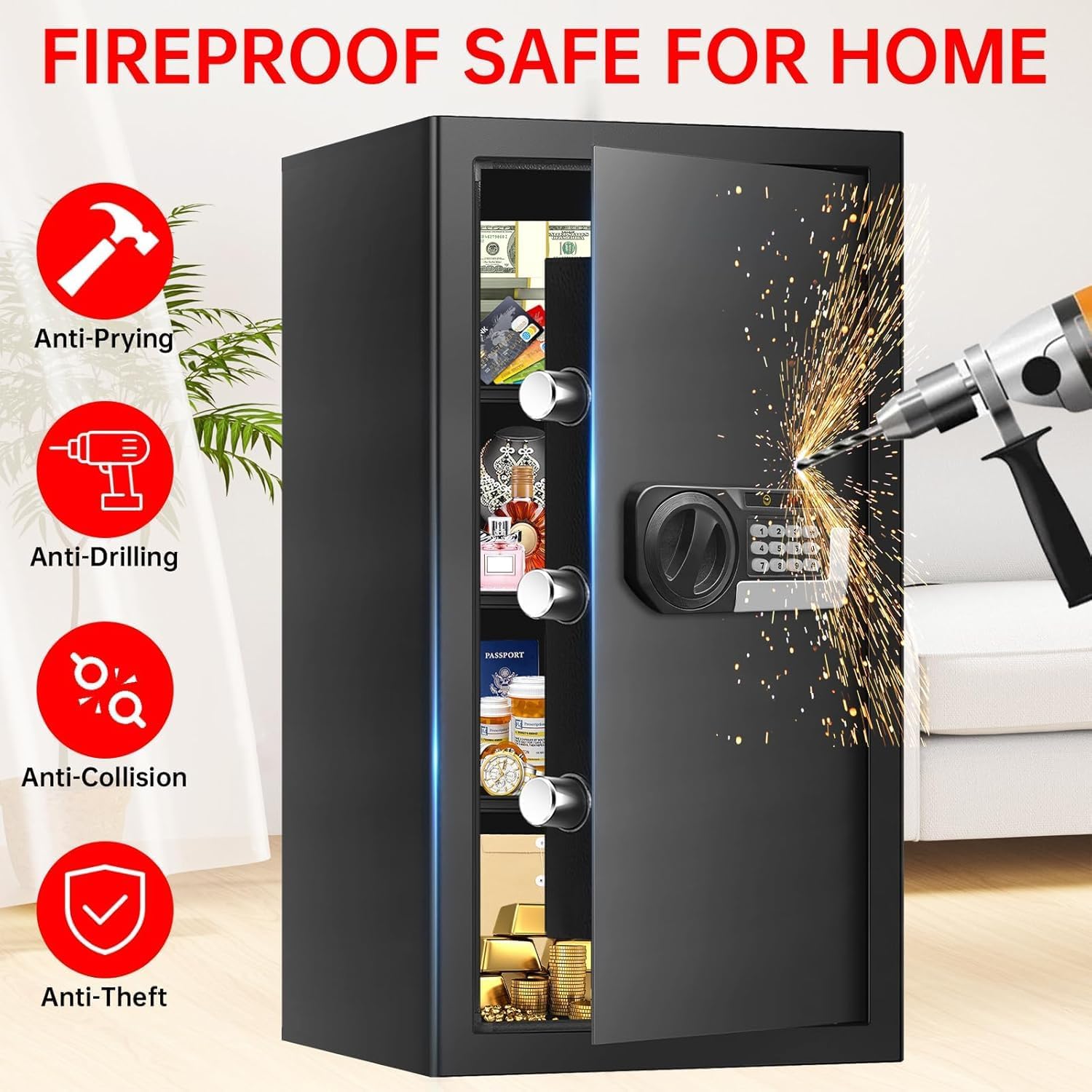 5.1 Cuft Home Safes Water and Fireproof, Large Safety Box Fireproof Waterproof with Electronic Keypad and Spare Key, Fire Proof Safe for Home Documents, Floor Personal Safe for Money Medicine - Image 3