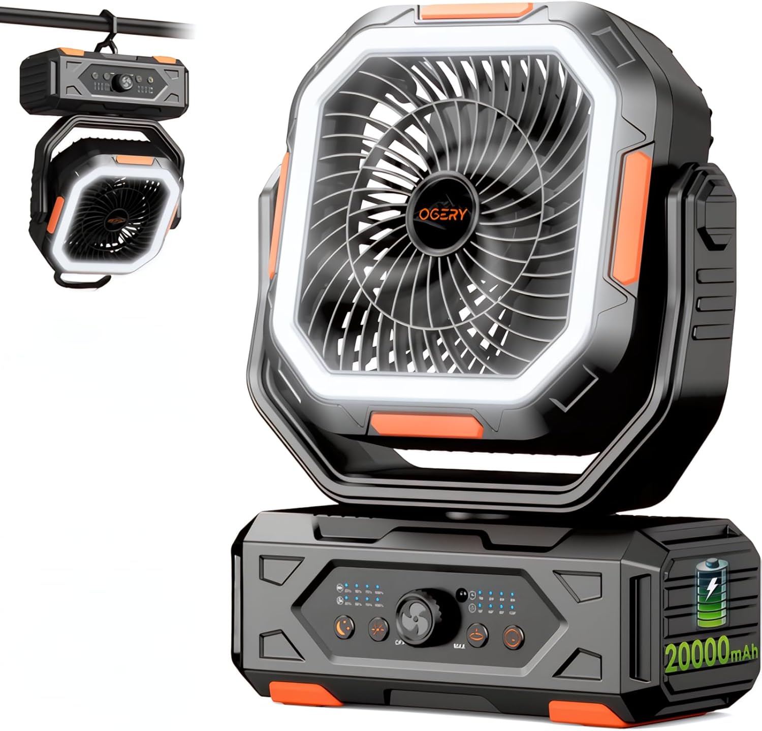 OGERY Camping Fan, Portable Fan Rechargeable with 20000mAh Battery, Stepless Speed Control, Fast Charging, Remote & LED Lantern for Tent, Travel, Car Camping, Camping Essentials