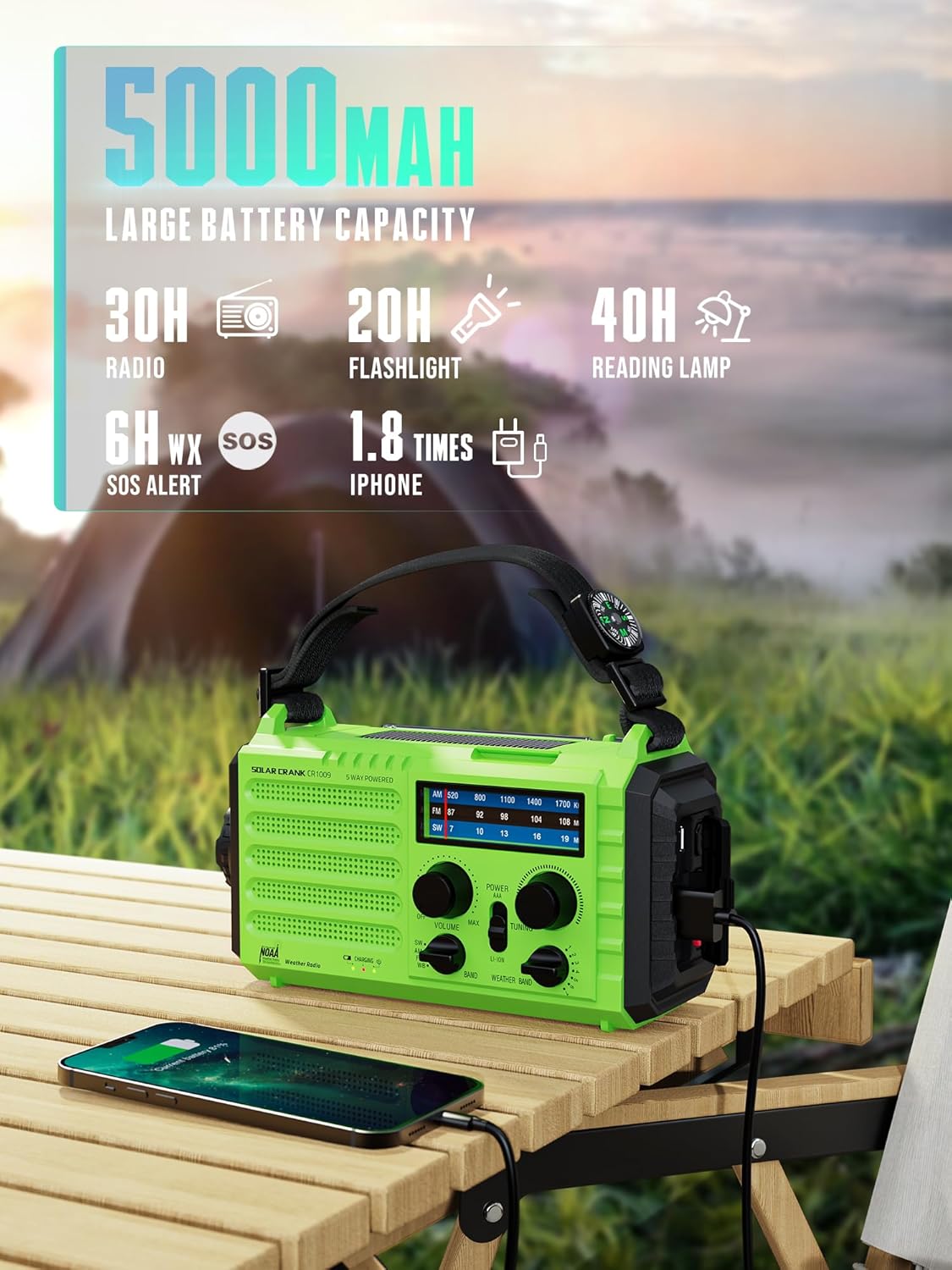 Emergency Radio with NOAA Weather Alert – Solar Hand Crank Portable AM/FM Shortwave Radio, Rechargeable Battery 5000mAh, USB Charger, Flashlight, SOS Alarm for Home Outdoor Hurricane Survival - Image 5