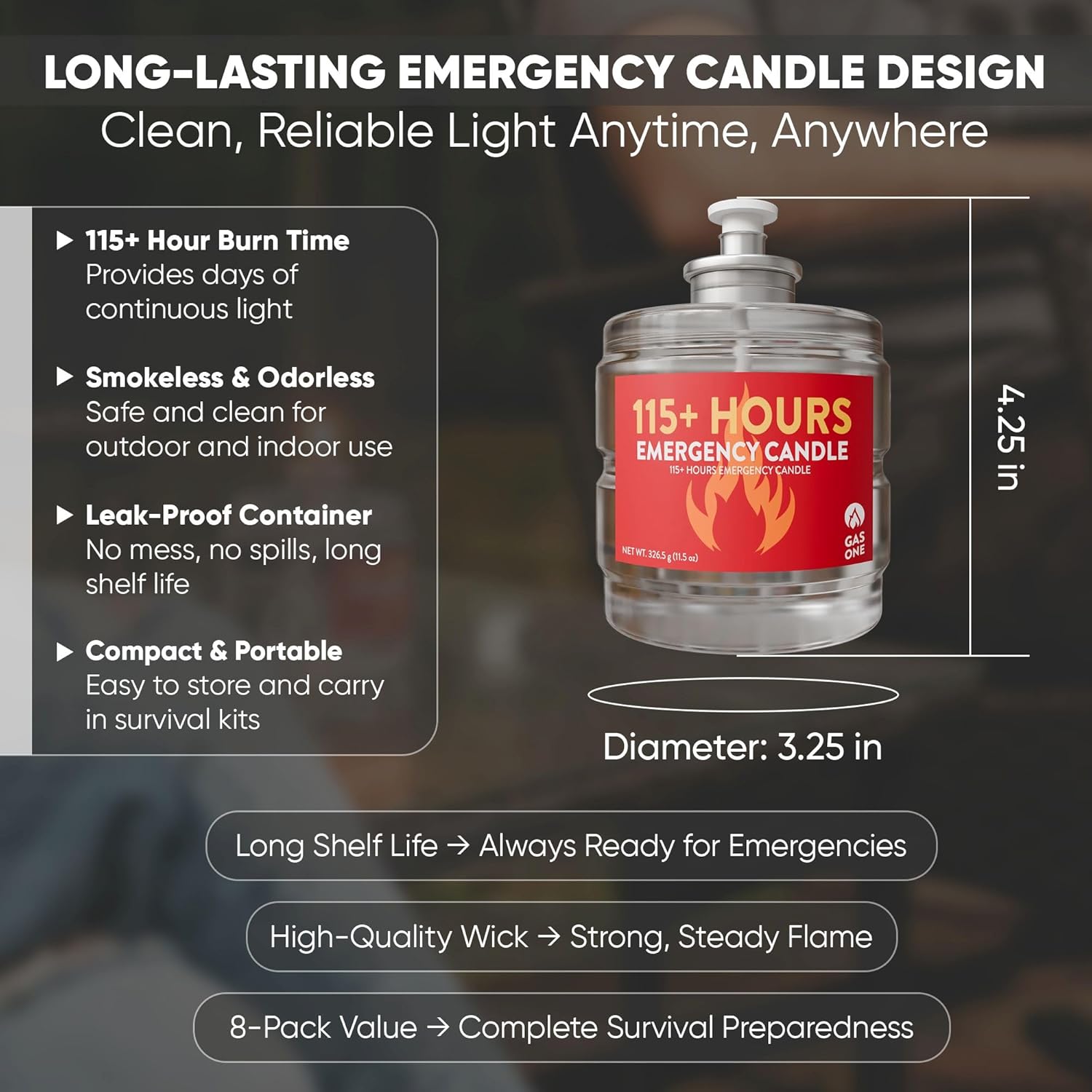 GasOne 115+ Hours Emergency Candle Set – 8-Pack Liquid Candles – Clean Burning, Unscented Long-Burning Candles for Ambient Lighting, Power Outages, Camping & Blackouts - Image 3