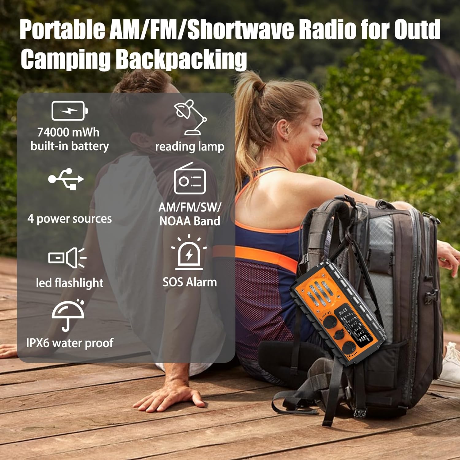 QAUYYW 74000mWh Emergency Radio with NOAA Weather, Portable Hand Crank SW/AM/FM Survival Radio with Fast Charge Rechargeable Solar Battery, Flashlight, Reading Lamp,SOS Sirenor Home Outdoor - Image 6