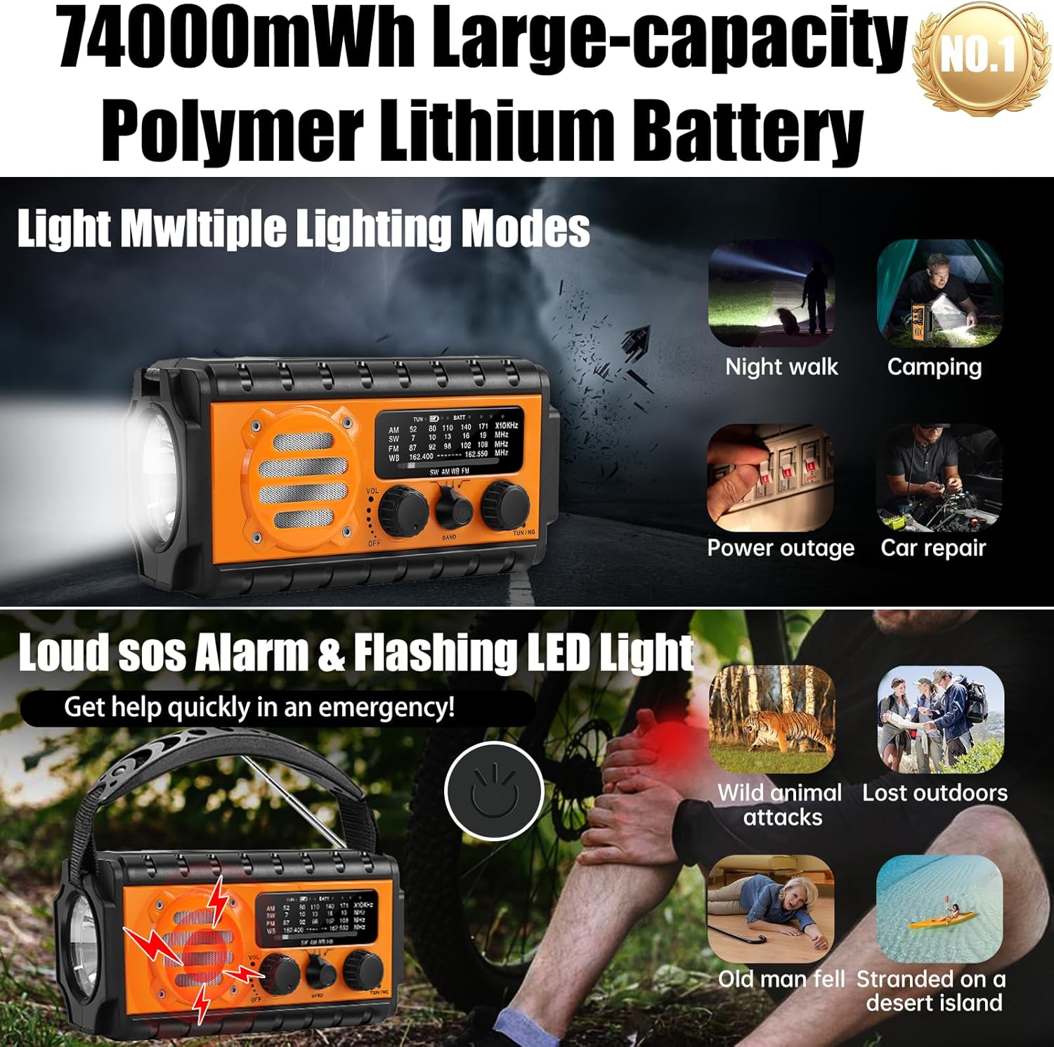 QAUYYW 74000mWh Emergency Radio with NOAA Weather, Portable Hand Crank SW/AM/FM Survival Radio with Fast Charge Rechargeable Solar Battery, Flashlight, Reading Lamp,SOS Sirenor Home Outdoor - Image 3