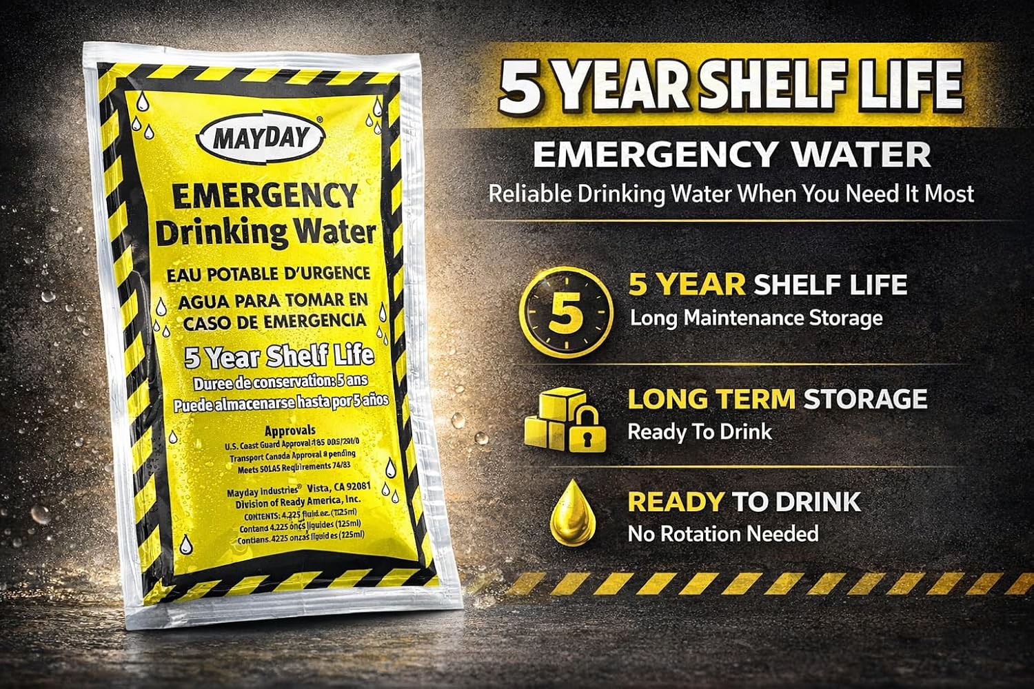 Mayday Pouch Water, Coast Guard Emergency Water, 5-Year Shelf LIfe, Disaster Preparedness Supplies for, Earthquake, Fire, Flood, Leak-Proof Pouches, 4.225 Oz/125Ml 50 Pack - Image 5