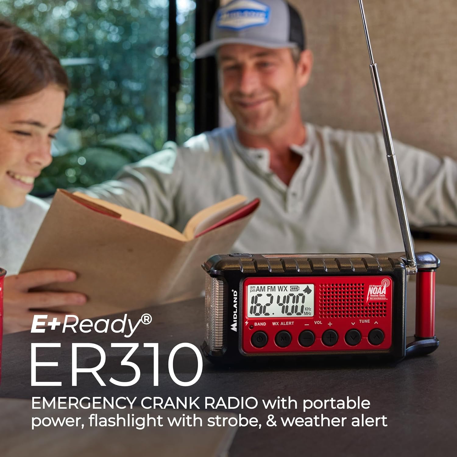 Midland - ER310, Emergency Crank Weather AM/FM Radio - Multiple Power Sources, SOS Emergency Flashlight, Ultrasonic Dog Whistle, & NOAA Weather Scan + Alert (Red/Black) - Image 3