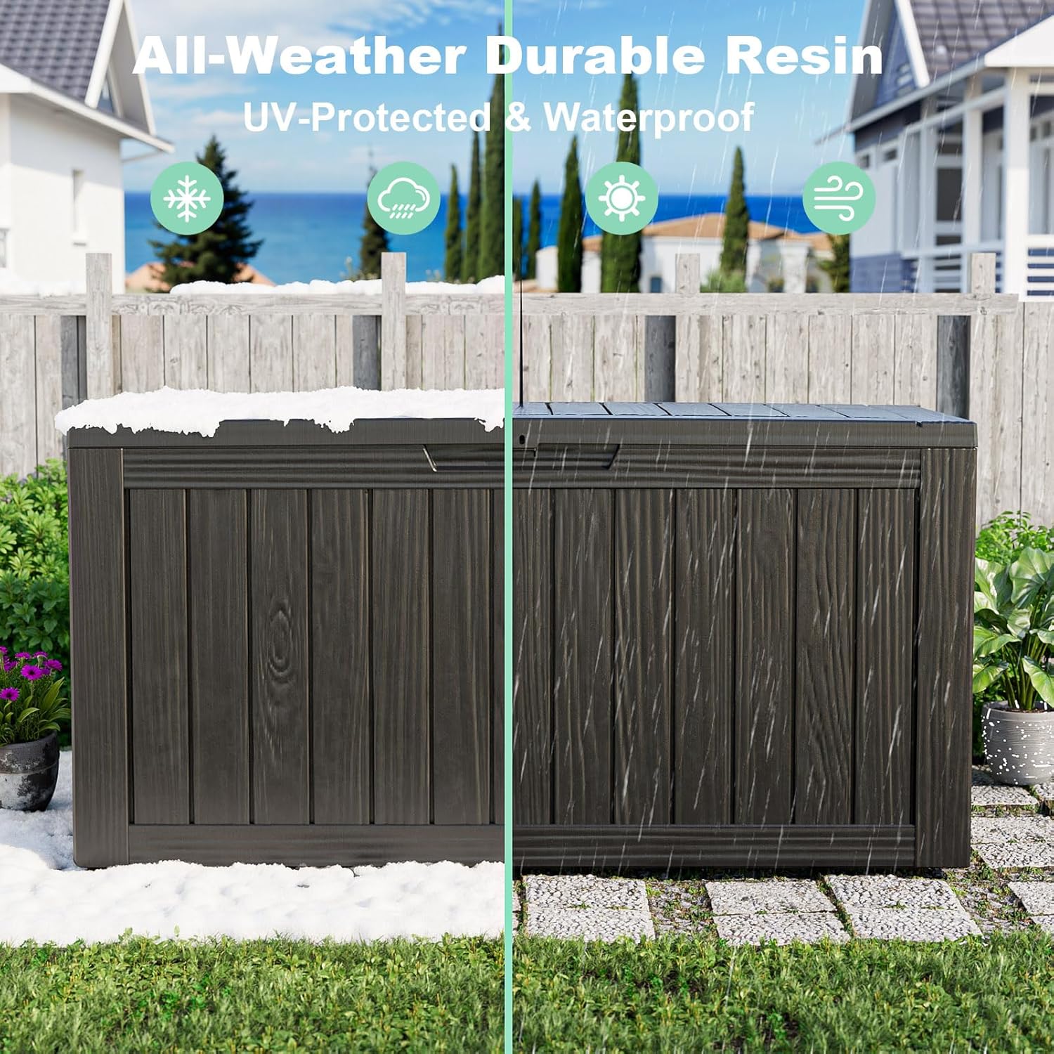 Outdoor Waterproof Resin Storage Deck Box Lockable Outside Bench UV Resistant Bin Patio Porch Furniture Pool Float Garden Tool Cushion (Black, 85 Gallon) - Image 3