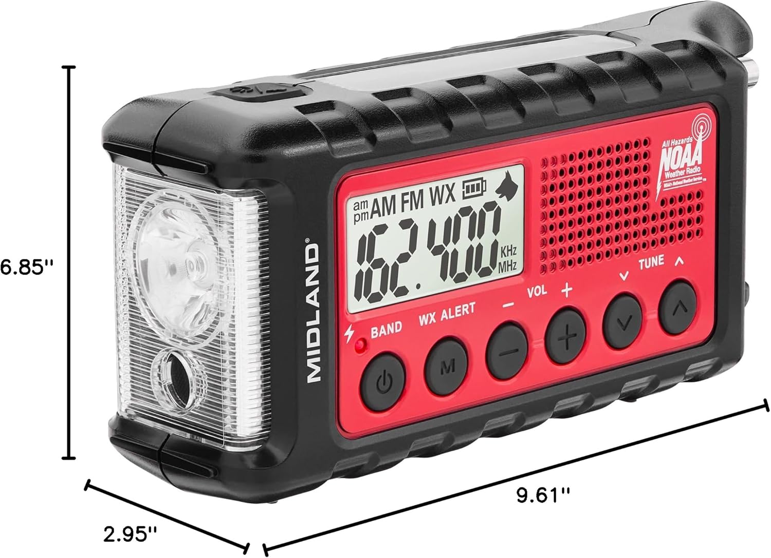 Midland - ER310, Emergency Crank Weather AM/FM Radio - Multiple Power Sources, SOS Emergency Flashlight, Ultrasonic Dog Whistle, & NOAA Weather Scan + Alert (Red/Black) - Image 9
