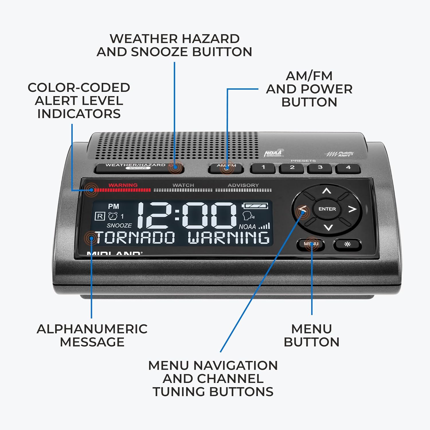 Midland - WR400 Weather Radio Deluxe - NOAA Emergency Alert Scanner – Home Use with Battery Backup - Local County Programming Over 80 Emergency Voice Flashing Alerts – Alarm Clock AM/FM Radio - Image 5