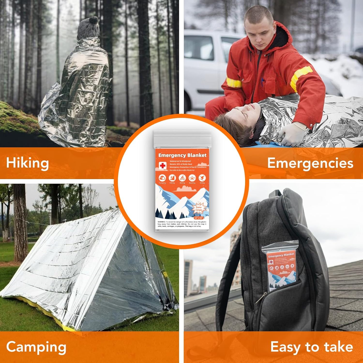 6 Pack Emergency Thermal Blanket Survival, 84” x 64” Extra Large Mylar Blankets for Outdoor, Space Blanket, Silver Foil for Survival, Survival Kit Camping Blankets, Body Warmer, Hiking - Image 7