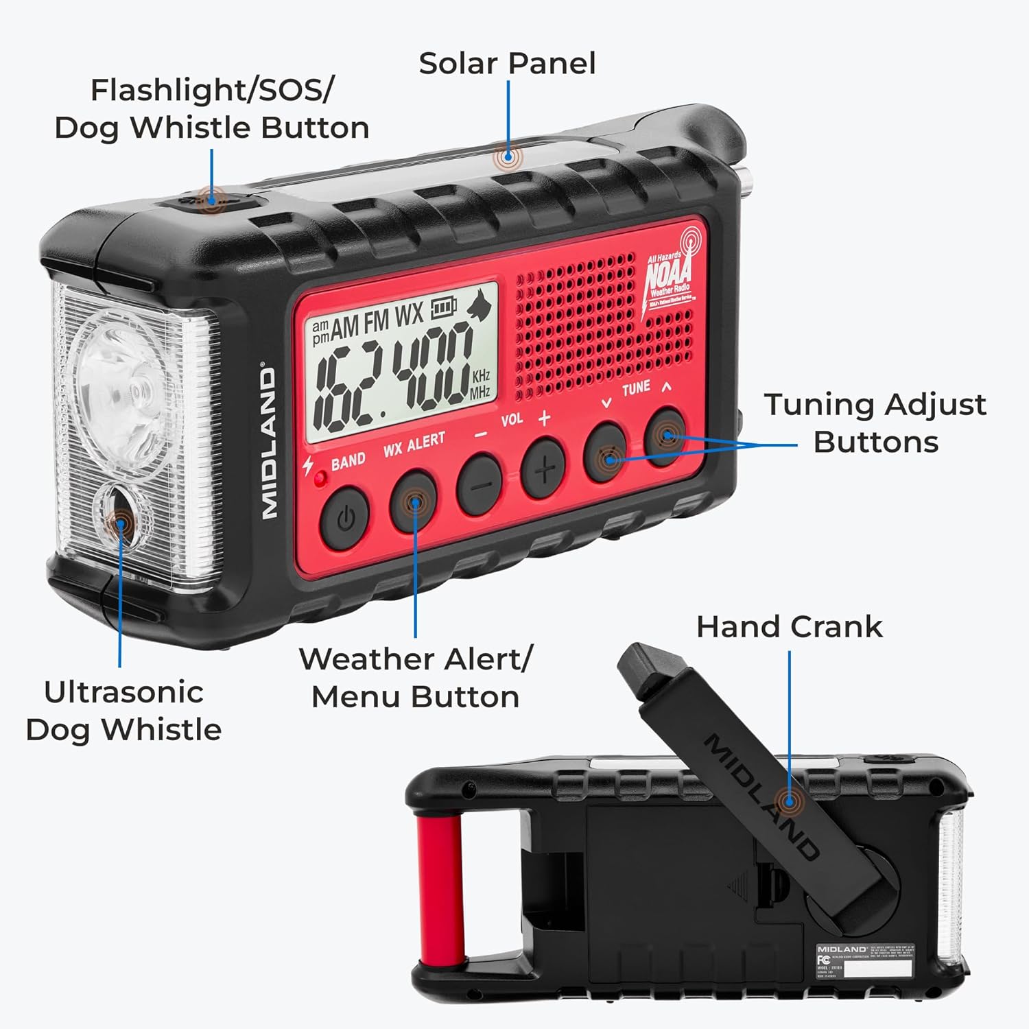 Midland - ER310, Emergency Crank Weather AM/FM Radio - Multiple Power Sources, SOS Emergency Flashlight, Ultrasonic Dog Whistle, & NOAA Weather Scan + Alert (Red/Black) - Image 4