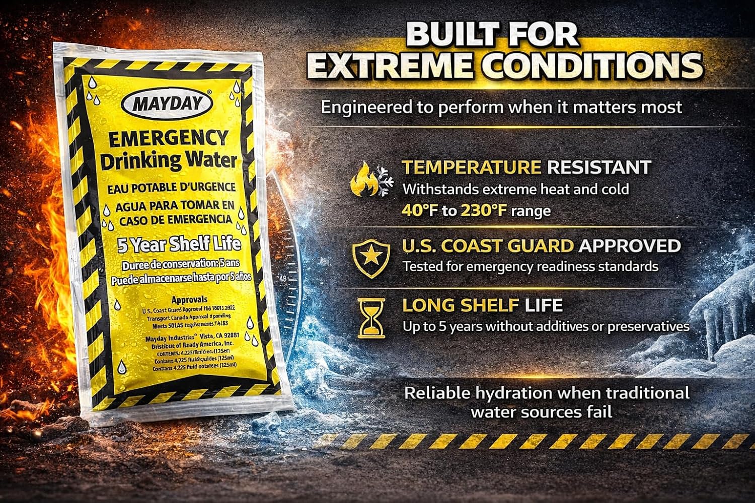 Mayday Pouch Water, Coast Guard Emergency Water, 5-Year Shelf LIfe, Disaster Preparedness Supplies for, Earthquake, Fire, Flood, Leak-Proof Pouches, 4.225 Oz/125Ml 50 Pack - Image 2