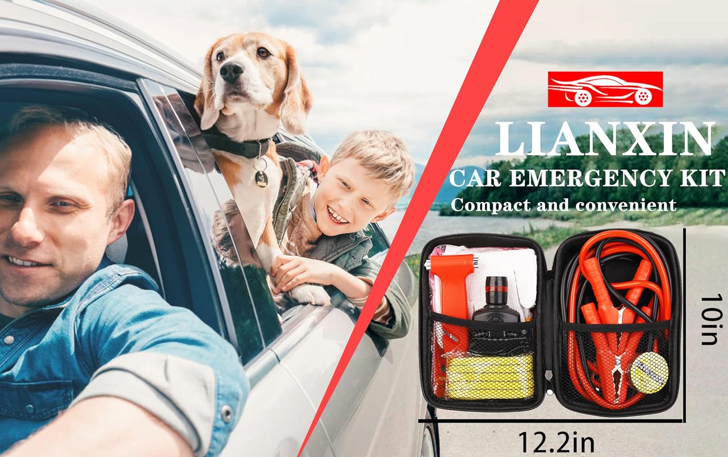 LIANXIN Car Roadside Emergency Kit, with Jumper Cables Automotive Kit,Car Safety Roadside Assistance Kit Headlamp,Tow Straps, Safety Hammers, Rainwear, Gloves.Black - Image 7