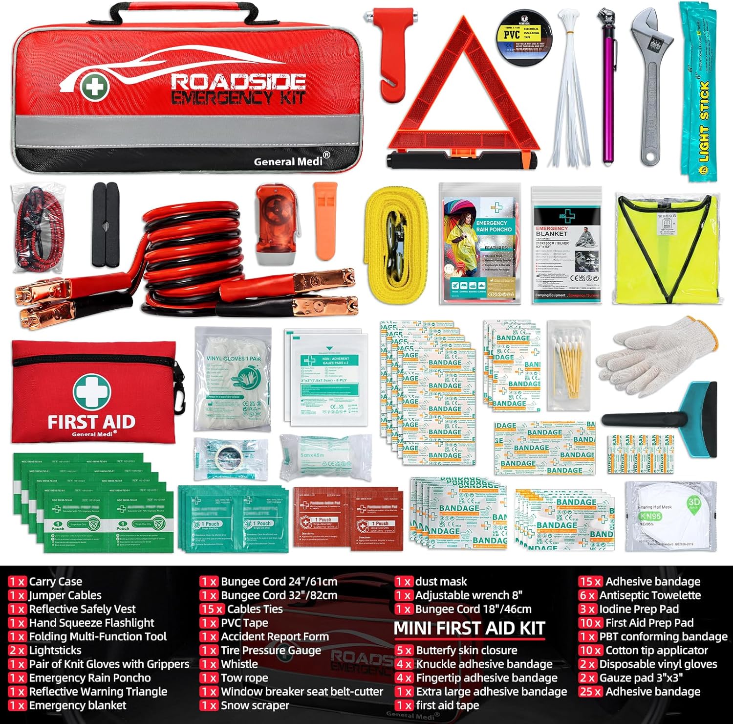 General Medi 127-Pieces Roadside Car Emergency Kit Include Mini First Aid Kit, Jumper Cables,Tow Rope, Bandage, Safety Vest, Emergency Triangle, All in One Pack - Image 2