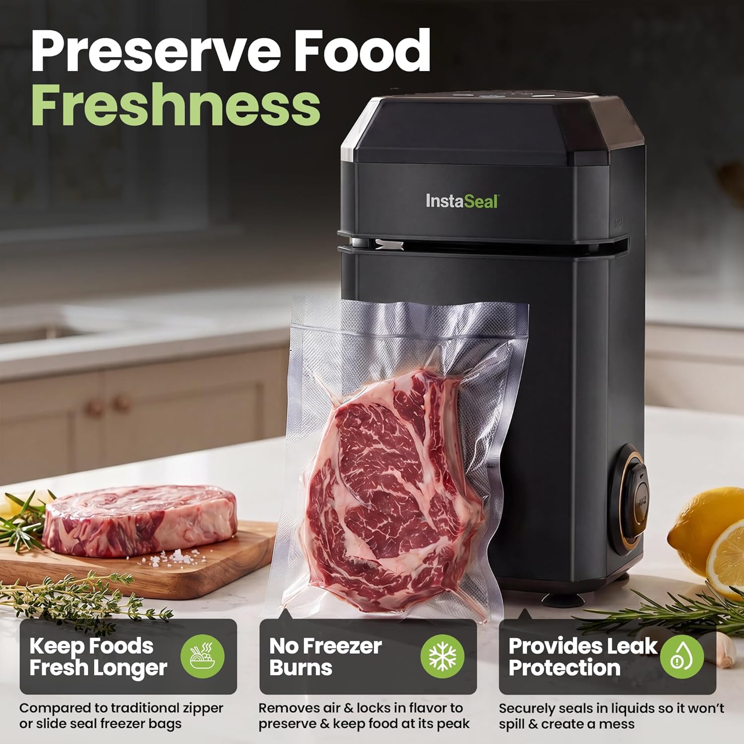 InstaSeal Vacuum Sealer for Food with 12 Bags, Preserves Foods 5x Longer, Space Saving Compact Upright Design Allows Machine to Heat Seal Marinades, Soups, Meats for Sous Vide Cooking - Image 3
