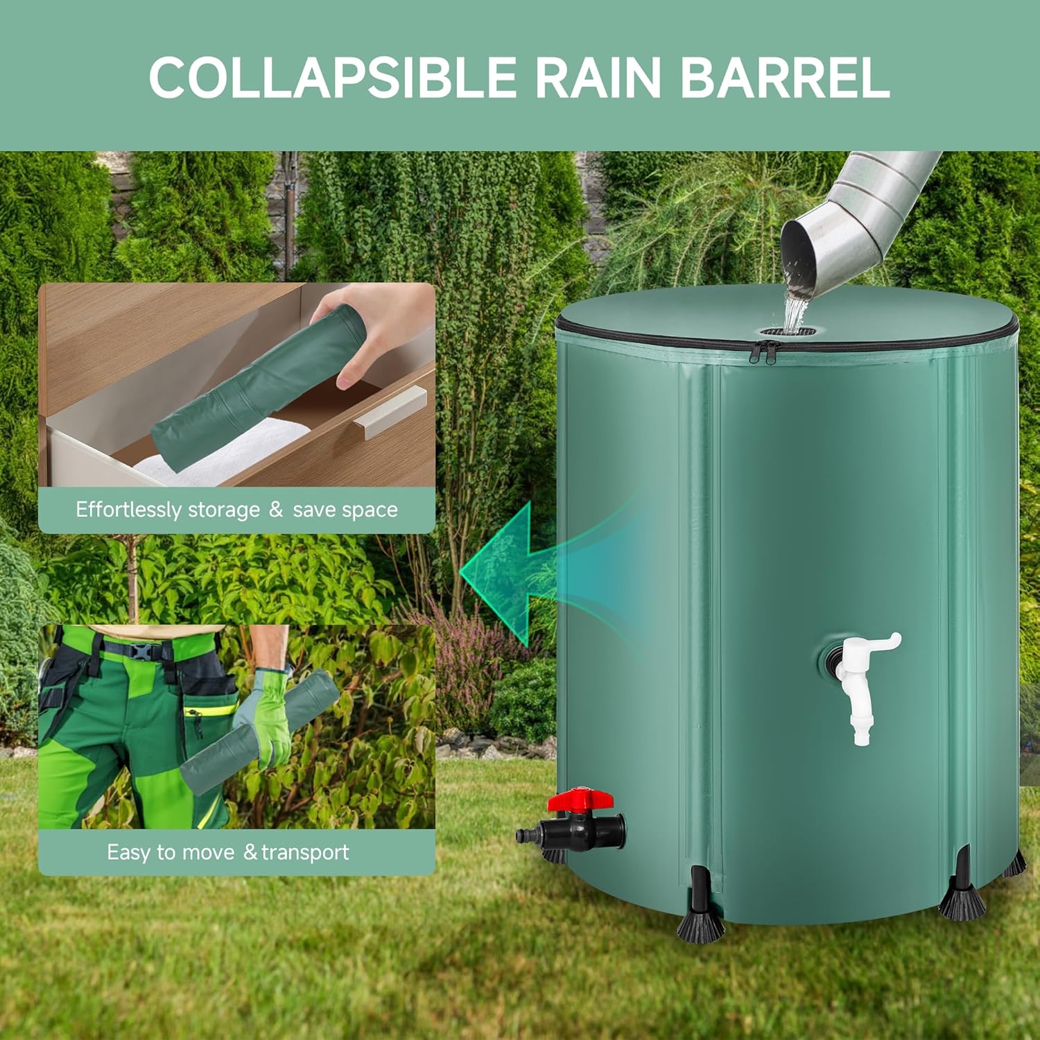 Collapsible Rain Barrel Water Storage Containers-53 Gallon Portable Rainwater Collect System Water Tank to Collect Rainwater from Gutter Downspout Water Catcher with Spigots,Filter&Overflow Kits - Image 2