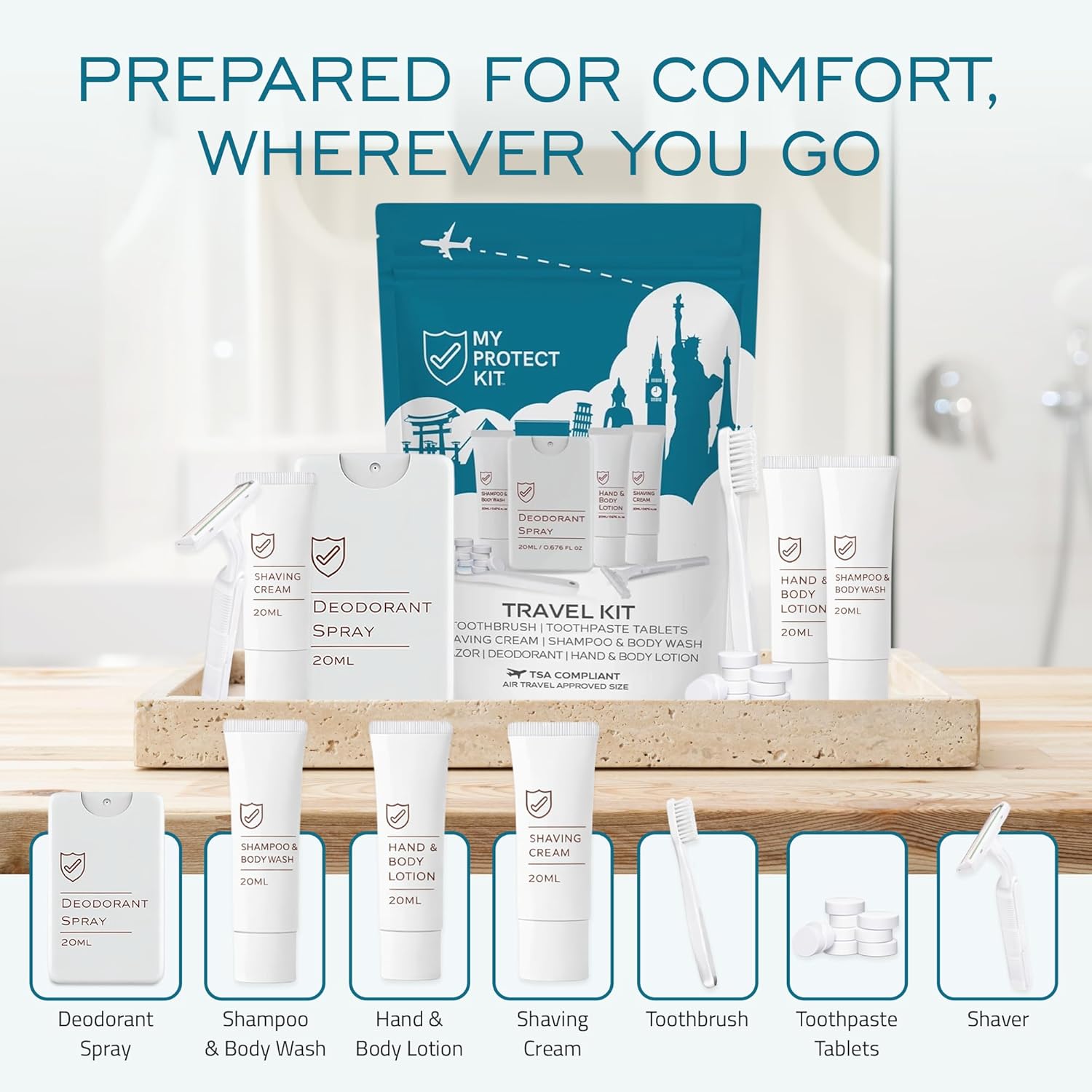 MY PROTECT KIT Travel Kit - 20 Pieces Travel Size Toiletries Set, Toothbrush, Shaver, Toothpaste Tablet, Shampoo & Body Wash, Shaving Cream, Lotion, Deodorant Spray, Pack of 1 - Image 8