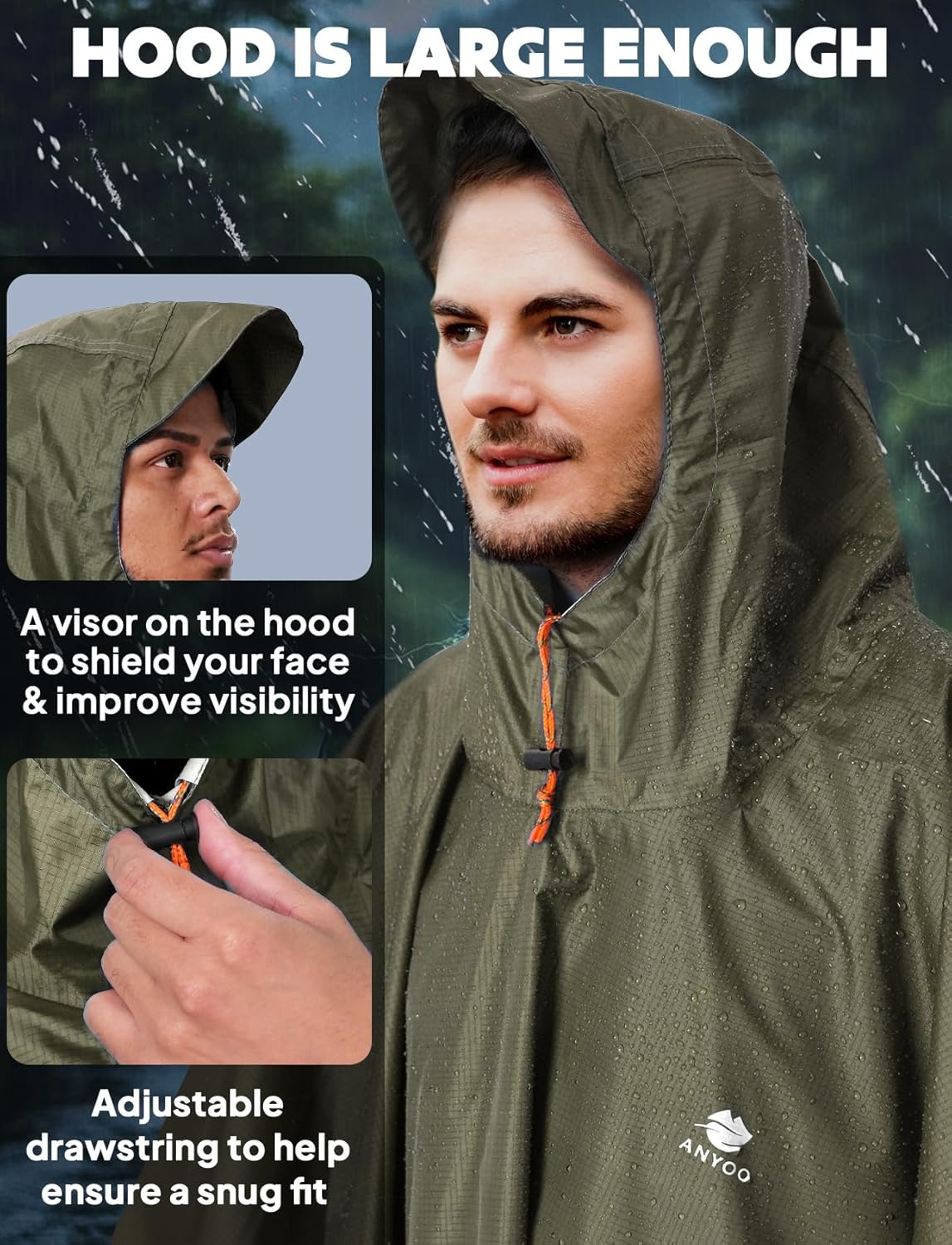 ANYOO Hooded Rain Poncho for Adults Waterproof Lightweight Rain Coat for Men Women Reusable Rain Jacket for Emergency Outdoor - Image 4