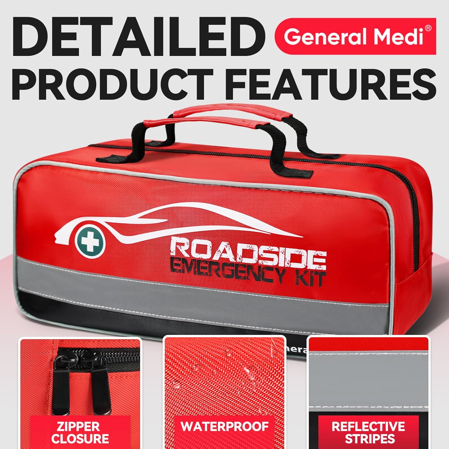 General Medi 127-Pieces Roadside Car Emergency Kit Include Mini First Aid Kit, Jumper Cables,Tow Rope, Bandage, Safety Vest, Emergency Triangle, All in One Pack - Image 4