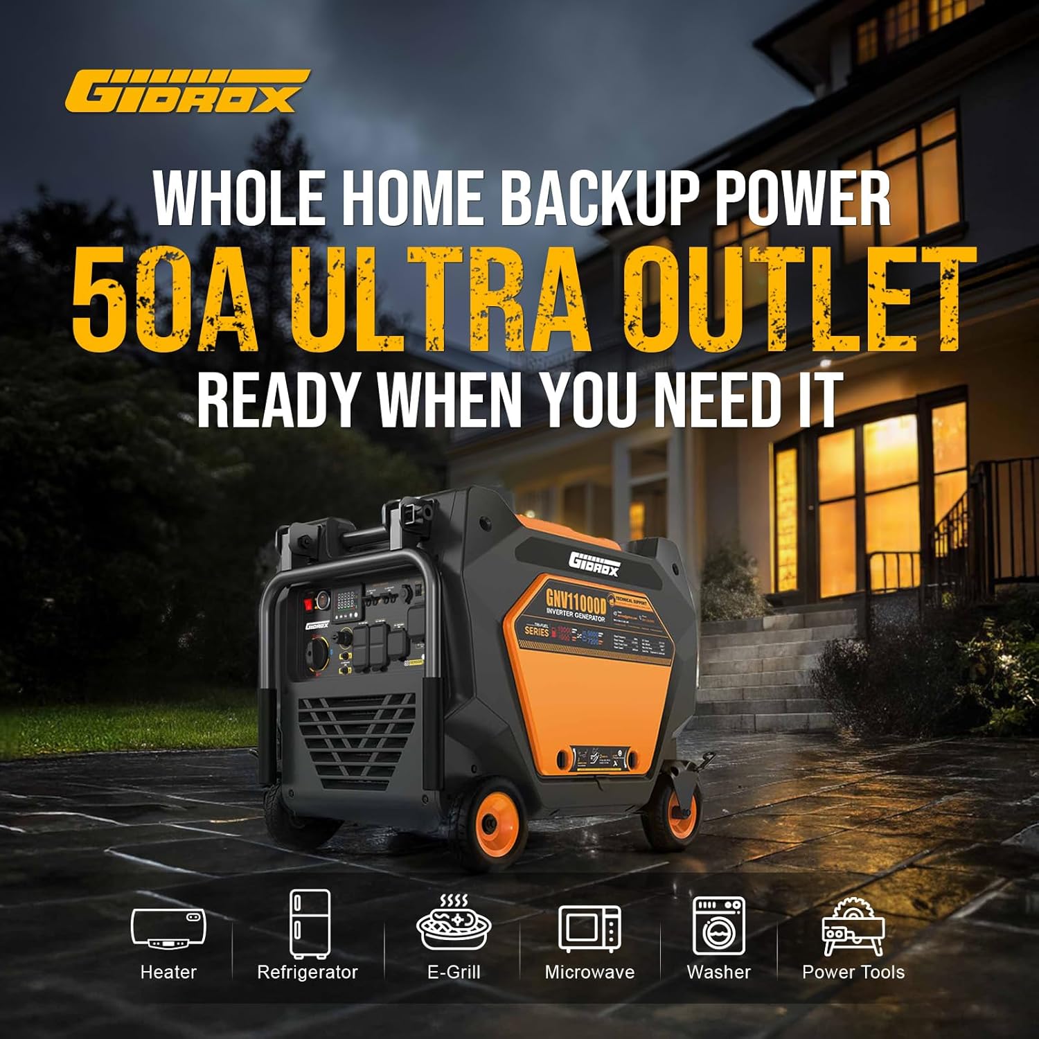 11000W Dual Fuel Inverter Generator for Home Backup, RV, & Camping - Super Quiet with ATS Ready, Remote Start, CO Sensor, ECO Mode, 50A Outlets, Low THD, Gas & Propane Powered (Yellow) - Image 4
