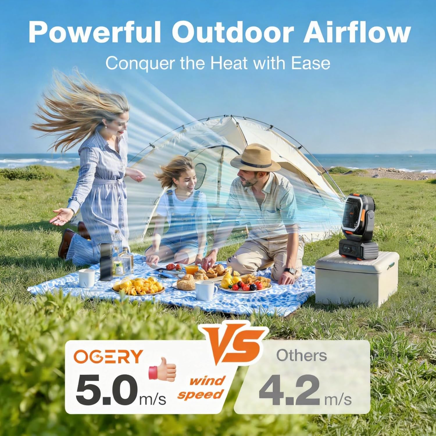OGERY Camping Fan, Portable Fan Rechargeable with 20000mAh Battery, Stepless Speed Control, Fast Charging, Remote & LED Lantern for Tent, Travel, Car Camping, Camping Essentials - Image 2