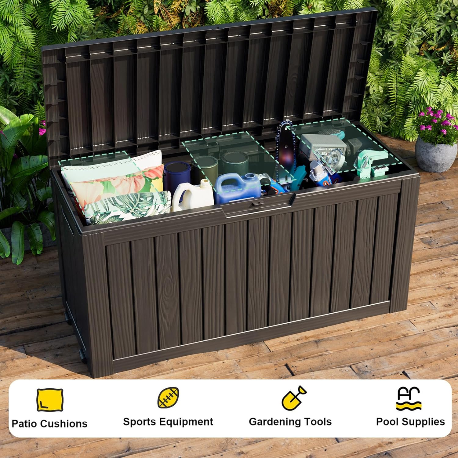 Outdoor Waterproof Resin Storage Deck Box Lockable Outside Bench UV Resistant Bin Patio Porch Furniture Pool Float Garden Tool Cushion (Black, 85 Gallon) - Image 5