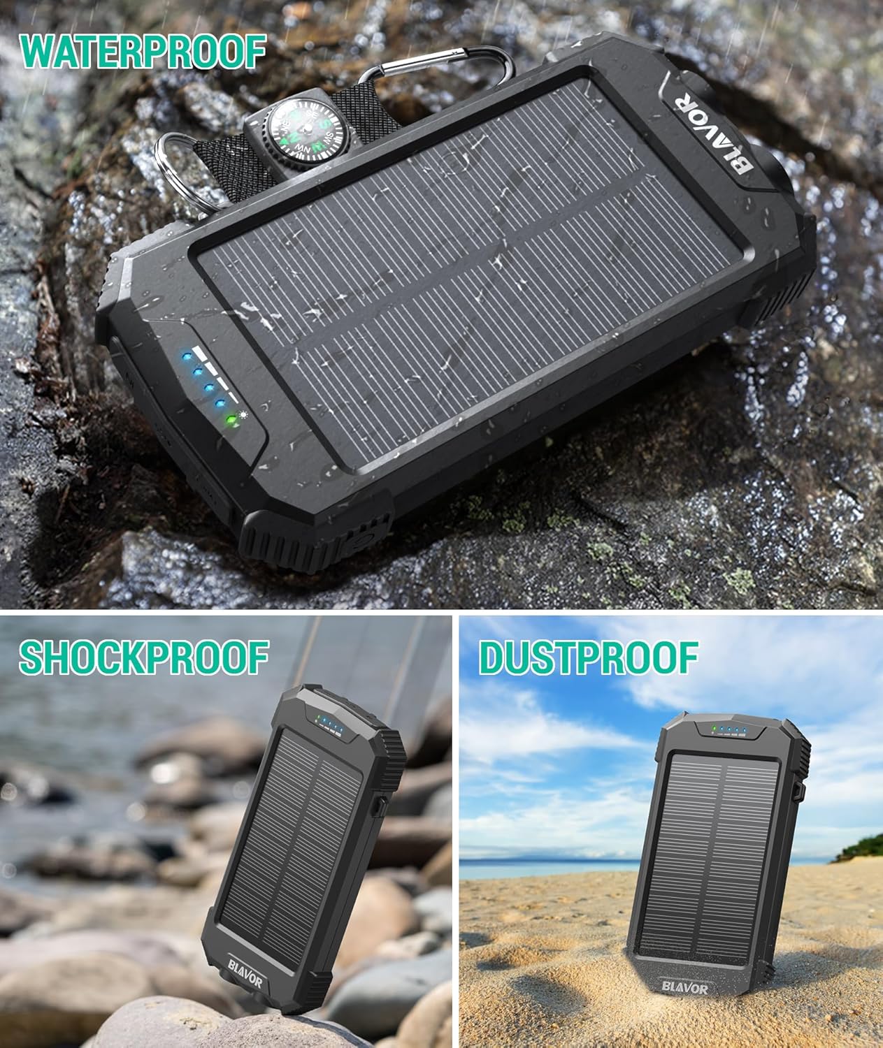 BLAVOR Solar Power Bank 10,000mAh, Portable Wireless Charger, 20W Fast Charging External Battery Pack with USB C for Cell Phones, Solar Panel Charging with Dual Flashlight for Camping - Image 6